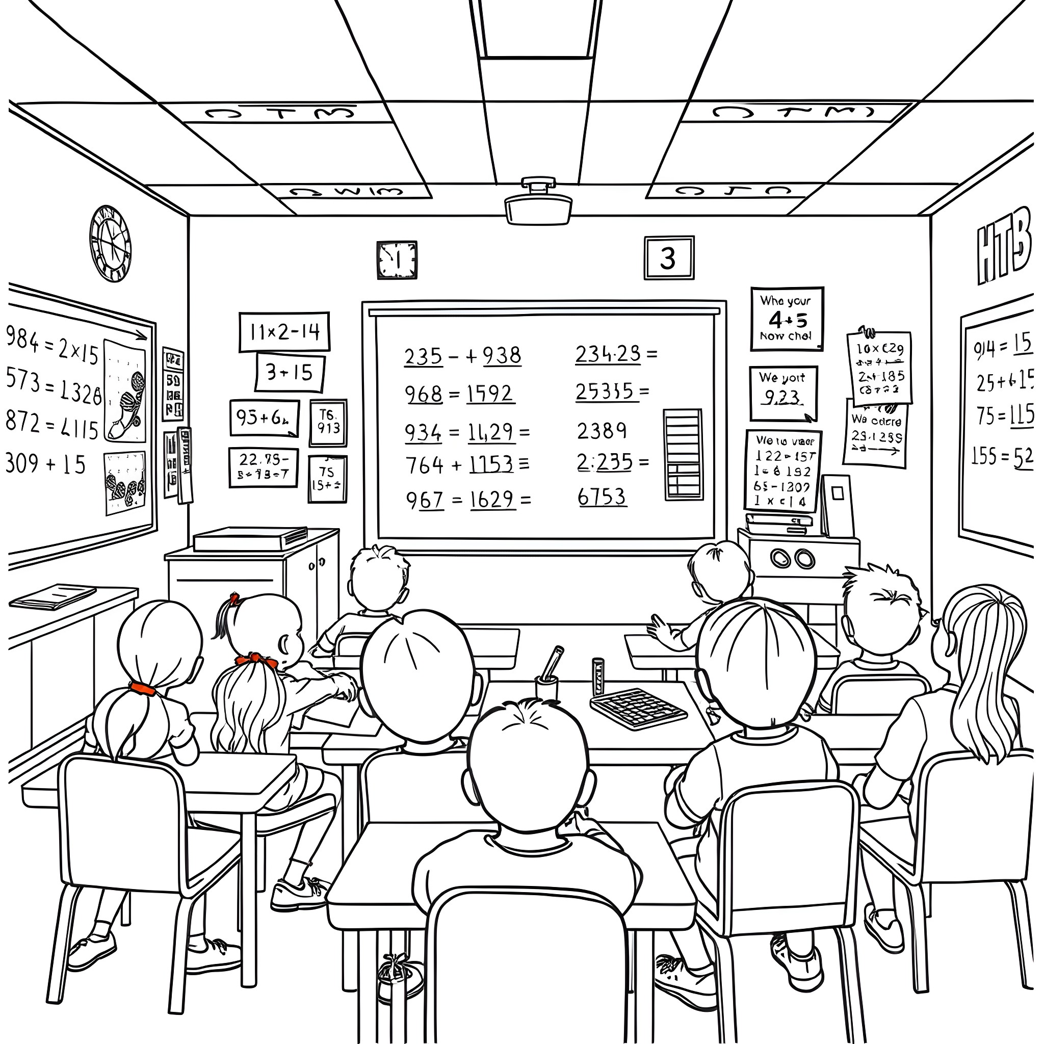 Math Class with Students Solving Problems Coloring Page (free black-and-white line drawing printable PDF for all, from beginners to advanced learners, including children, teens, adults, and seniors)