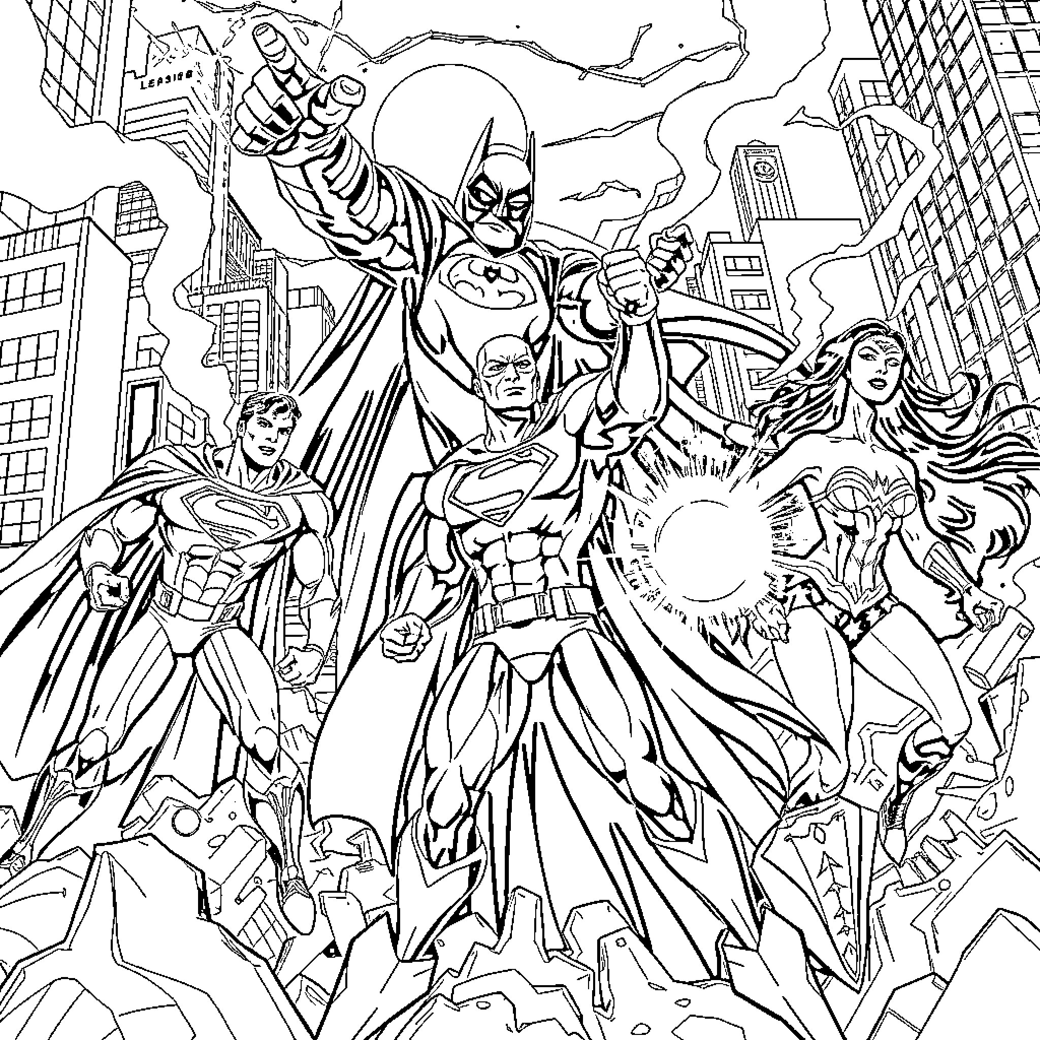 Justice League: Heroes in Action Coloring Page (free black-and-white line drawing printable PDF for all, from beginners to advanced learners, including children, teens, adults, and seniors)