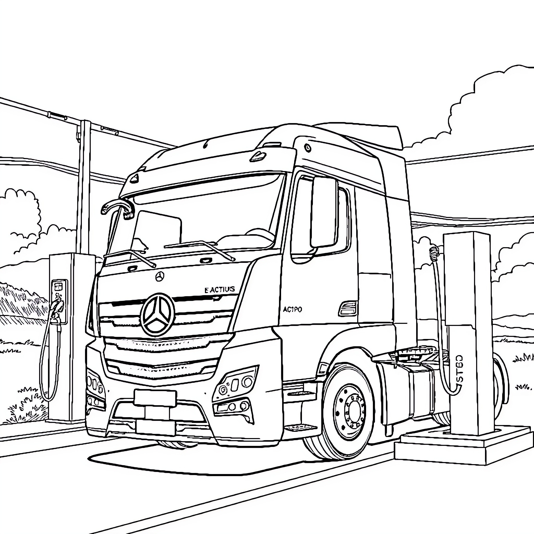 Mercedes semi-truck fueling at a gas station Coloring Page (free black-and-white line drawing printable PDF for all, from beginners to advanced learners, including children, teens, adults, and seniors)