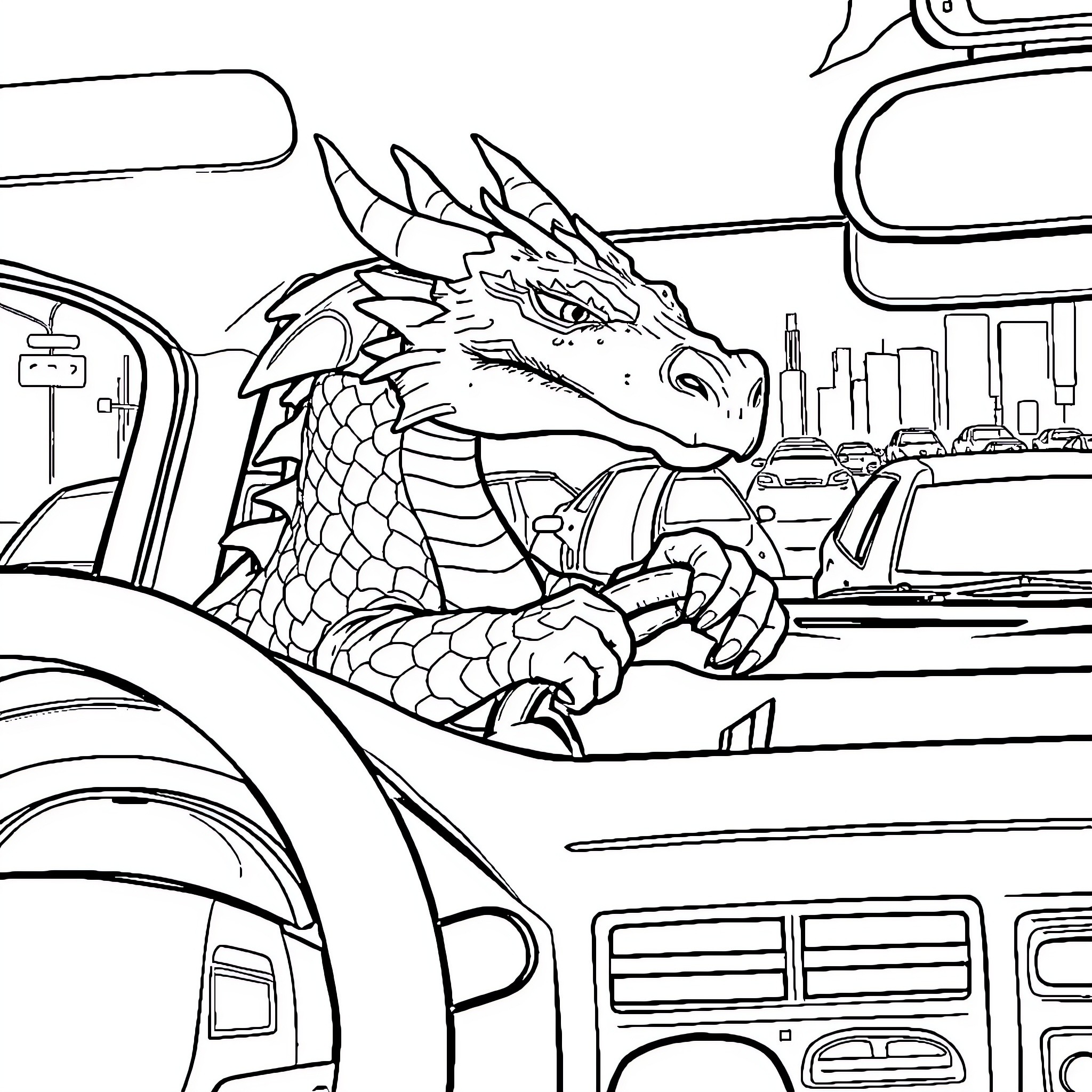 Dragon riding in a car through the city Coloring Page (free black-and-white line drawing printable PDF for all, from beginners to advanced learners, including children, teens, adults, and seniors)