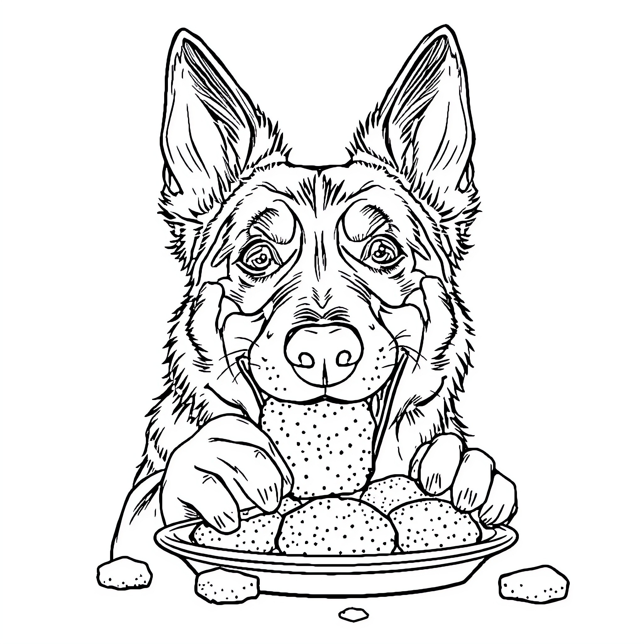 Blue Heeler Eagerly Eyeing Homemade Treats Coloring Page (free black-and-white line drawing printable PDF for all, from beginners to advanced learners, including children, teens, adults, and seniors)