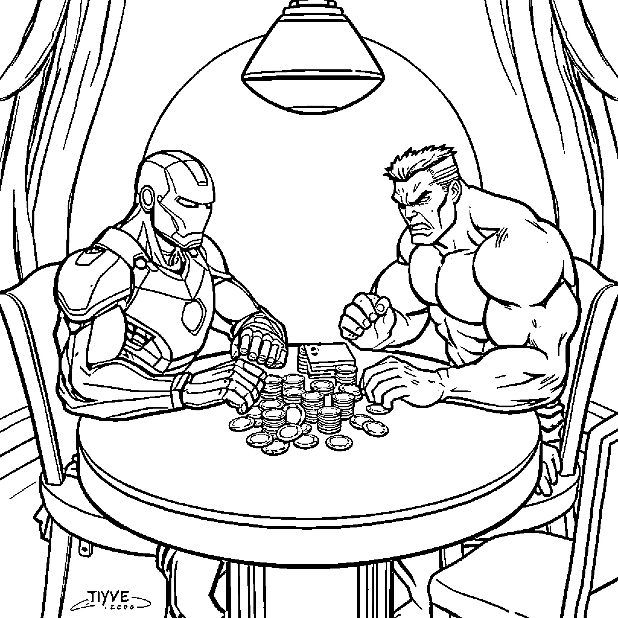 Ironman and Hulk playing a game of strategy Coloring Page (free black-and-white line drawing printable PDF for all, from beginners to advanced learners, including children, teens, adults, and seniors)