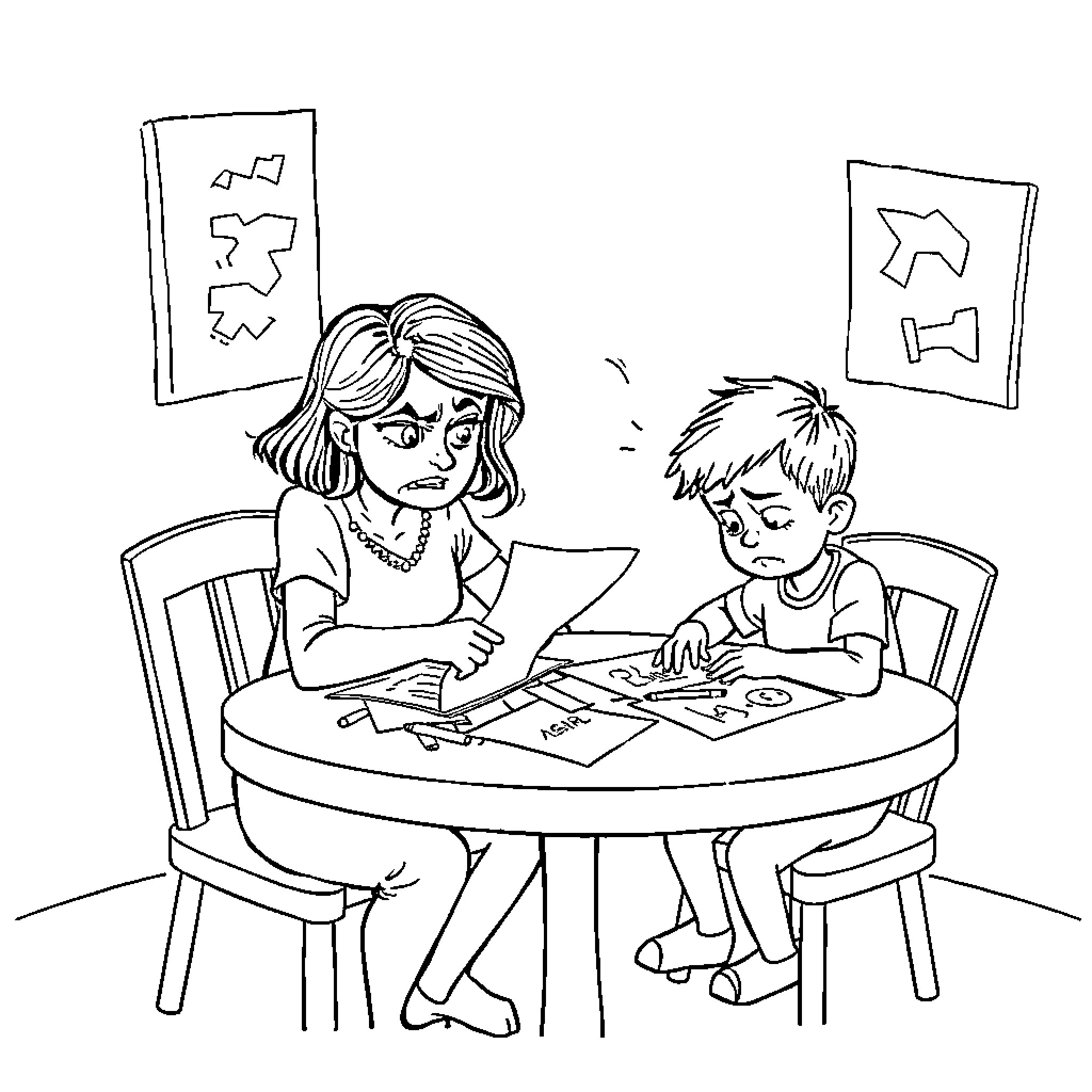 Mum helps child with crafts at the table Coloring Page (free black-and-white line drawing printable PDF for all, from beginners to advanced learners, including children, teens, adults, and seniors)
