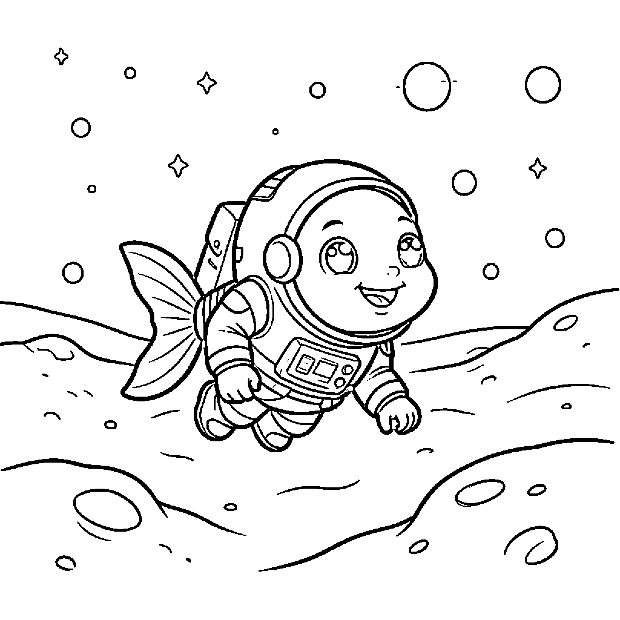 Goldfish exploring the underwater world Coloring Page (free black-and-white line drawing printable PDF for all, from beginners to advanced learners, including children, teens, adults, and seniors)