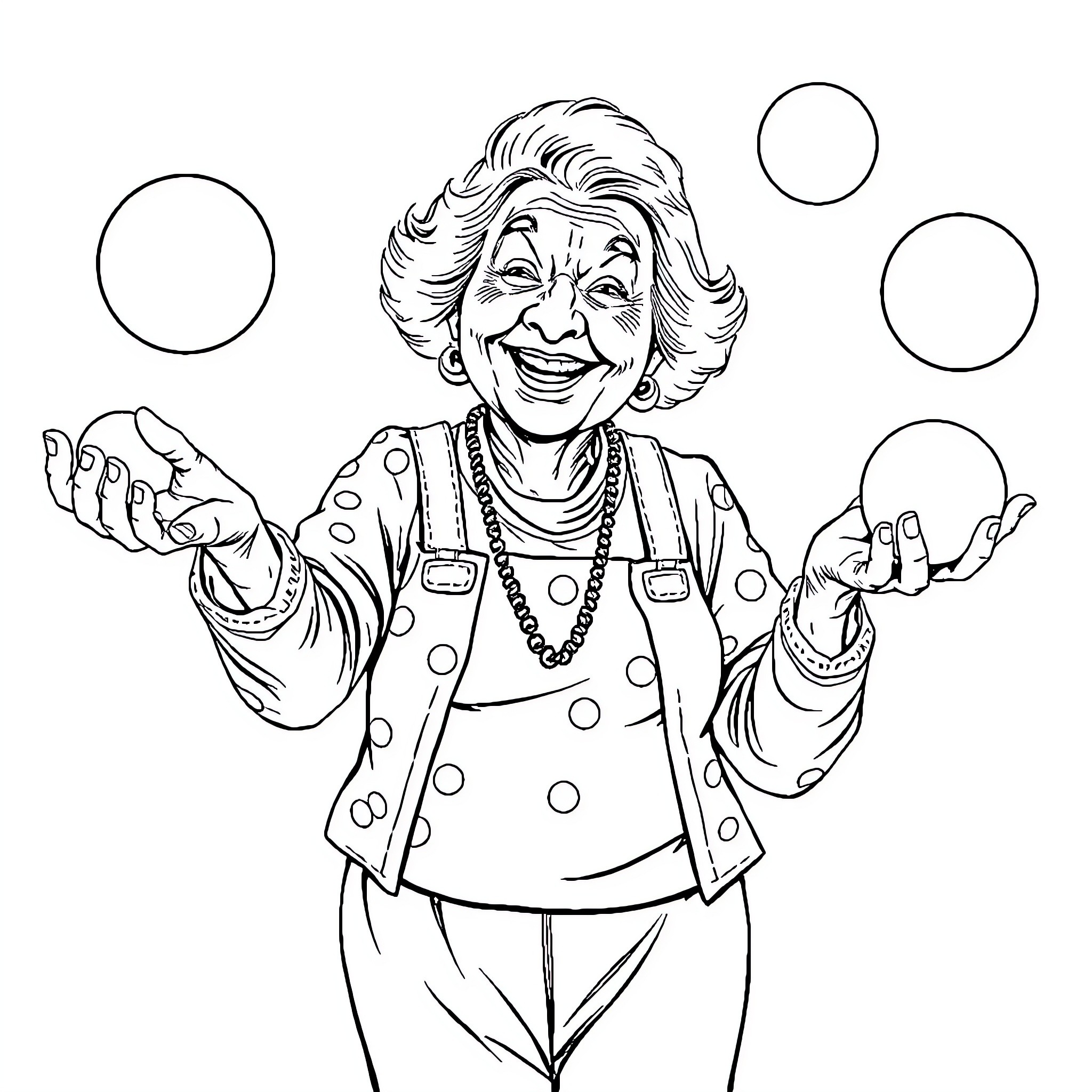 Mom Joyfully Juggling Bubbles Coloring Page (free black-and-white line drawing printable PDF for all, from beginners to advanced learners, including children, teens, adults, and seniors)