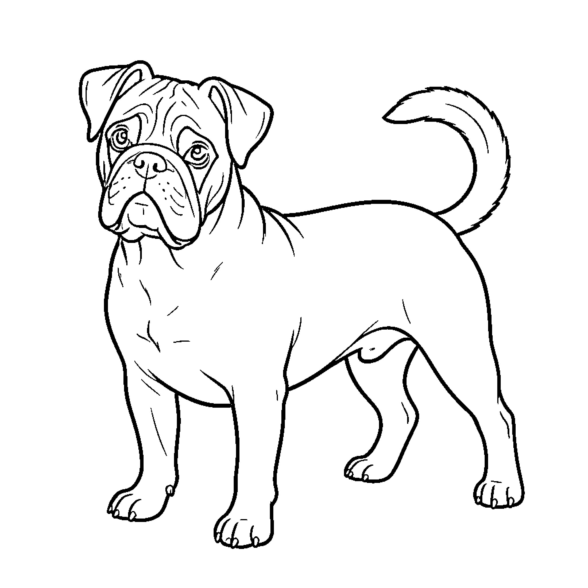 Bulldog standing alertly and looking forward Coloring Page (free black-and-white line drawing printable PDF for all, from beginners to advanced learners, including children, teens, adults, and seniors)