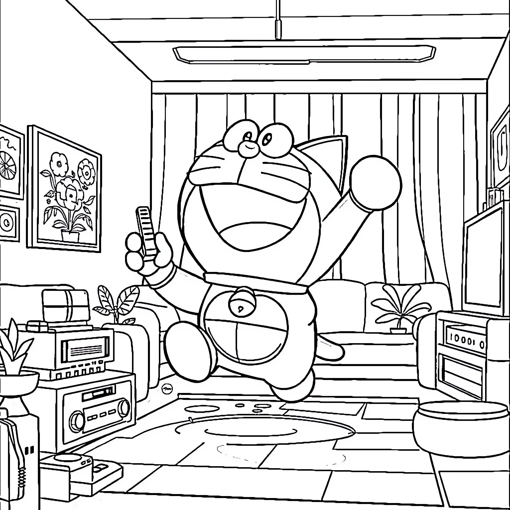 Doraemon playing in a cozy home setting Coloring Page (free black-and-white line drawing printable PDF for all, from beginners to advanced learners, including children, teens, adults, and seniors)