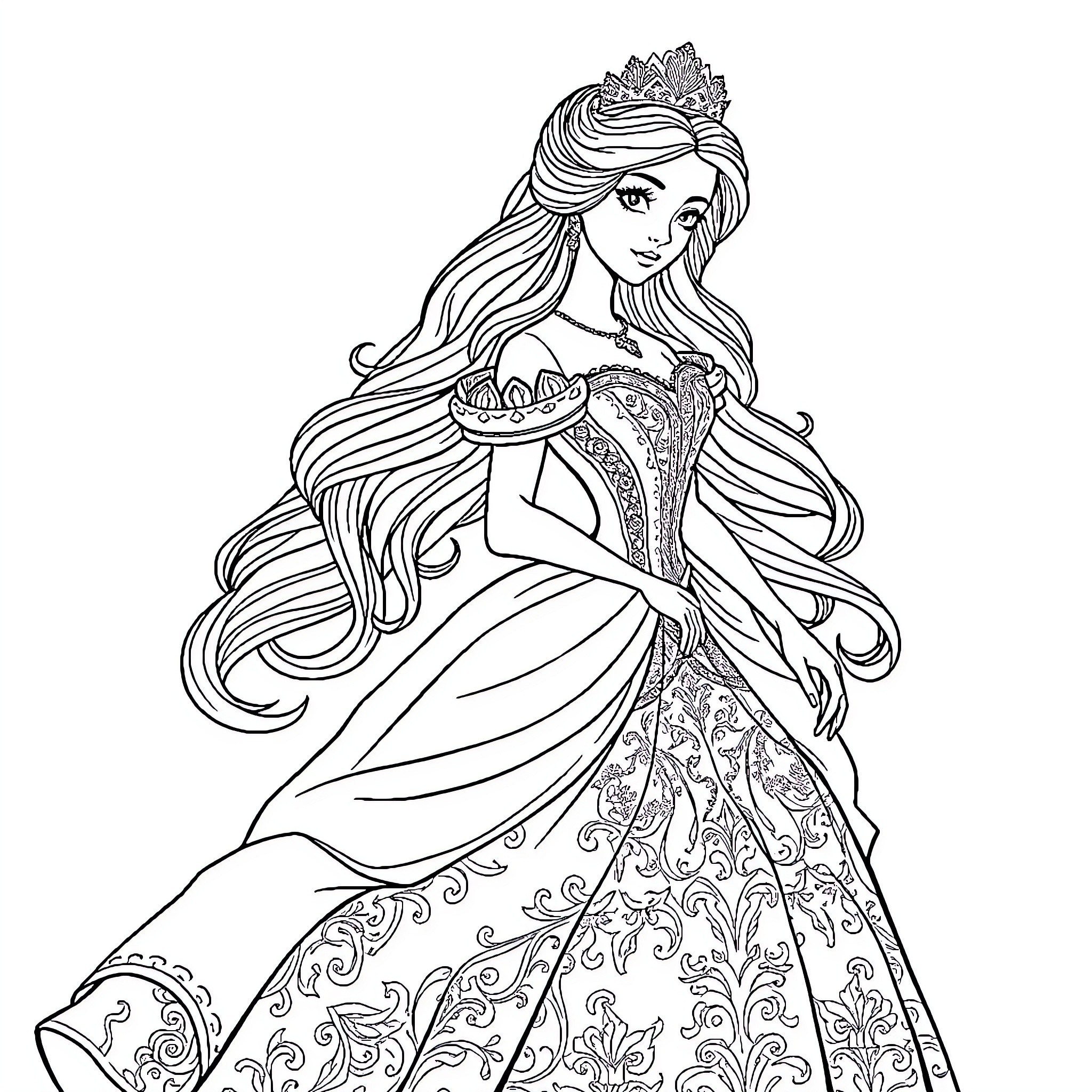Princess in Ornate Gown with Flowing Hair Coloring Page (free black-and-white line drawing printable PDF for all, from beginners to advanced learners, including children, teens, adults, and seniors)