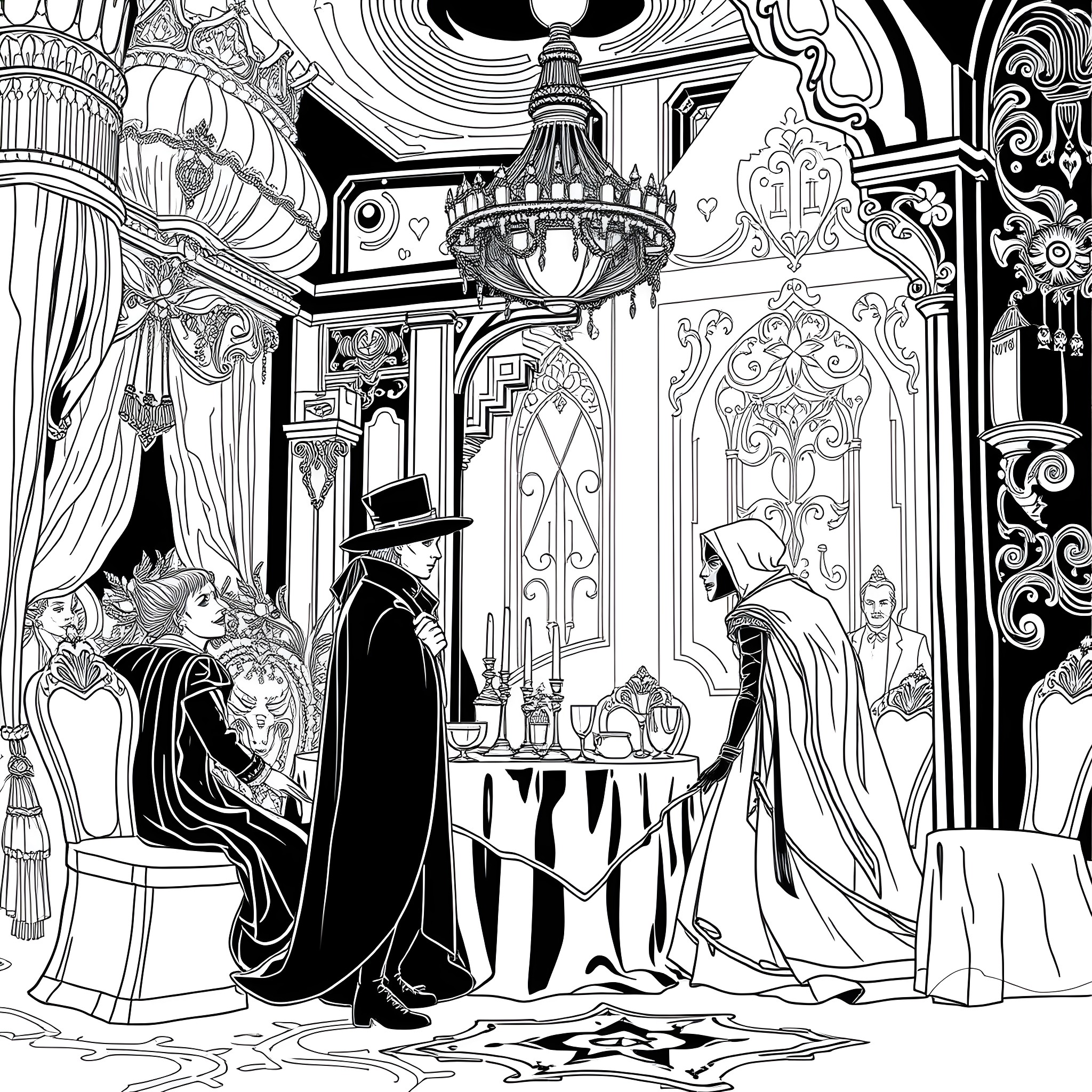 Crook's Darkened Masquerade: Shadowy Figures in a Lavish Setting Coloring Page (free black-and-white line drawing printable PDF for all, from beginners to advanced learners, including children, teens, adults, and seniors)