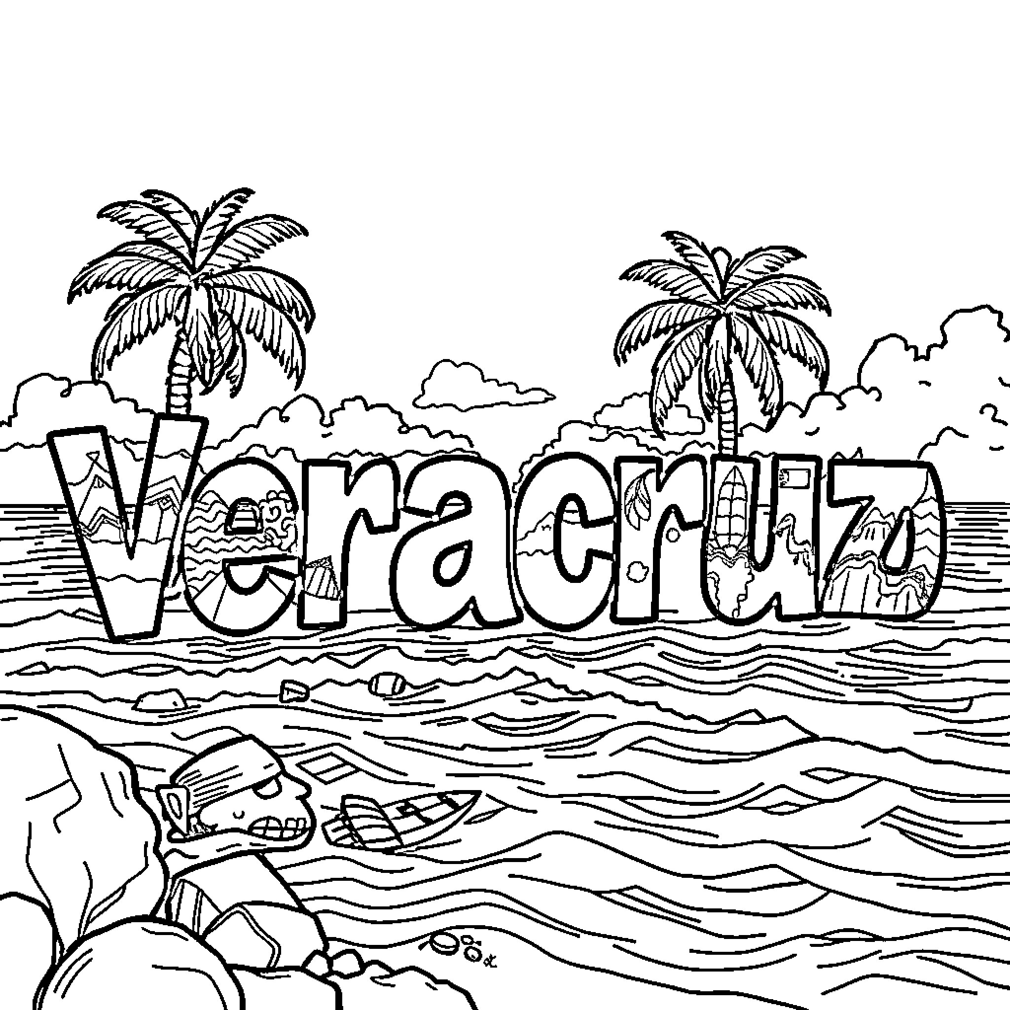 Veracruz coastal scene with palm trees and waves Coloring Page (free black-and-white line drawing printable PDF for all, from beginners to advanced learners, including children, teens, adults, and seniors)