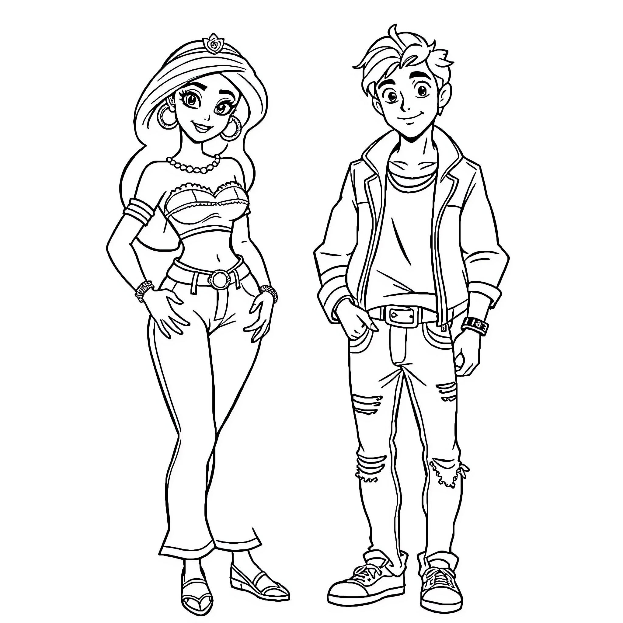 Princess Jasmine and Aladdin in adventure Coloring Page (free black-and-white line drawing printable PDF for all, from beginners to advanced learners, including children, teens, adults, and seniors)