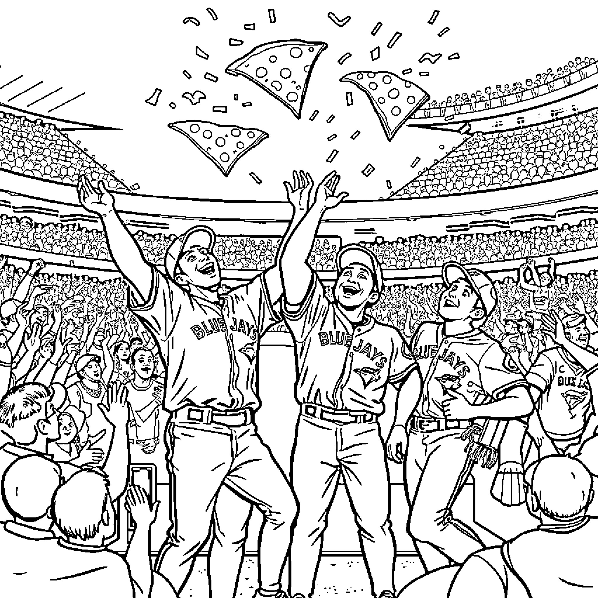 Blue Jay Players Celebrating Victory in Stadium Coloring Page (free black-and-white line drawing printable PDF for all, from beginners to advanced learners, including children, teens, adults, and seniors)