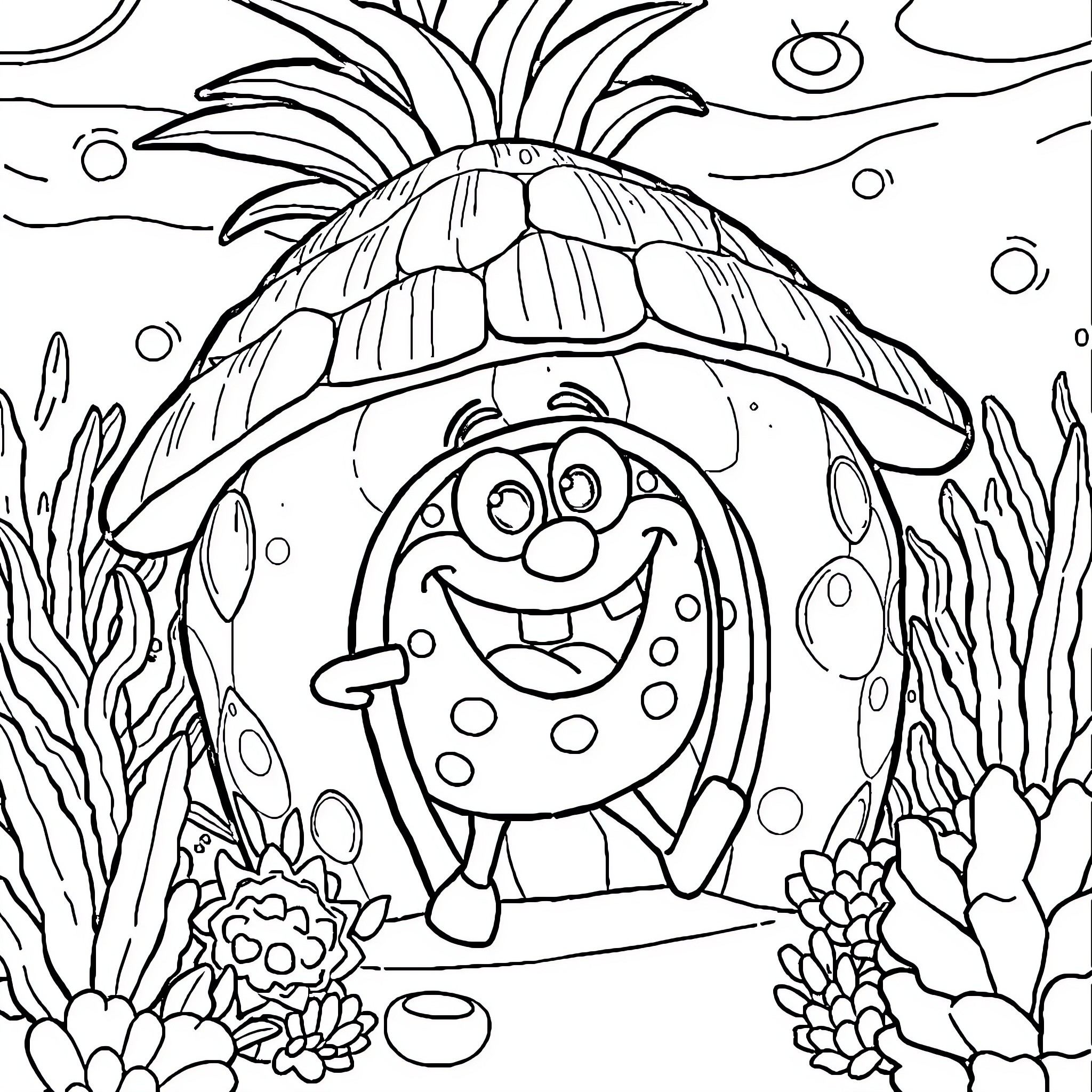 Spongebob's Colorful Underwater Adventure Coloring Page (free black-and-white line drawing printable PDF for all, from beginners to advanced learners, including children, teens, adults, and seniors)