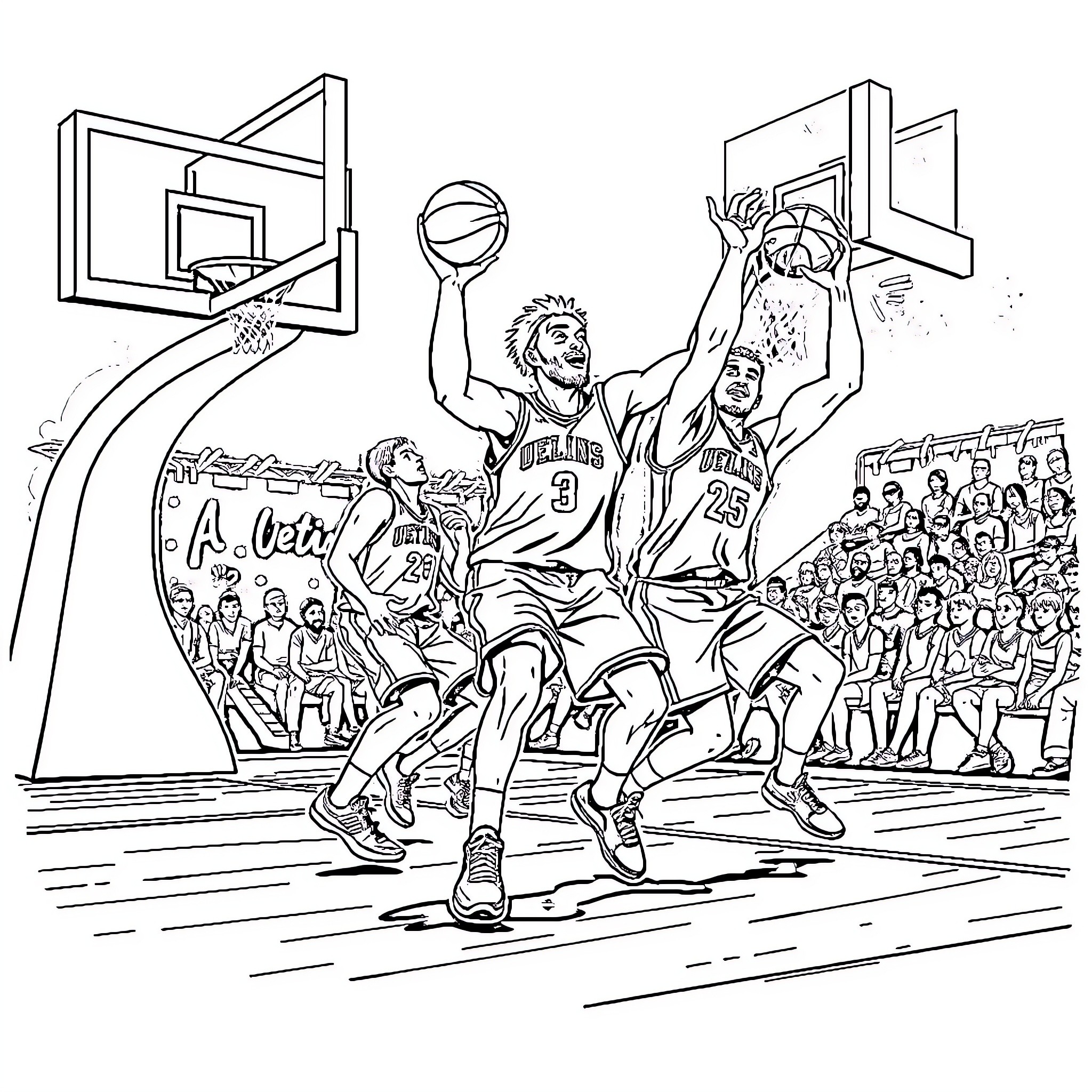 Stumble Guy Basketball Showdown on Court Coloring Page (free black-and-white line drawing printable PDF for all, from beginners to advanced learners, including children, teens, adults, and seniors)