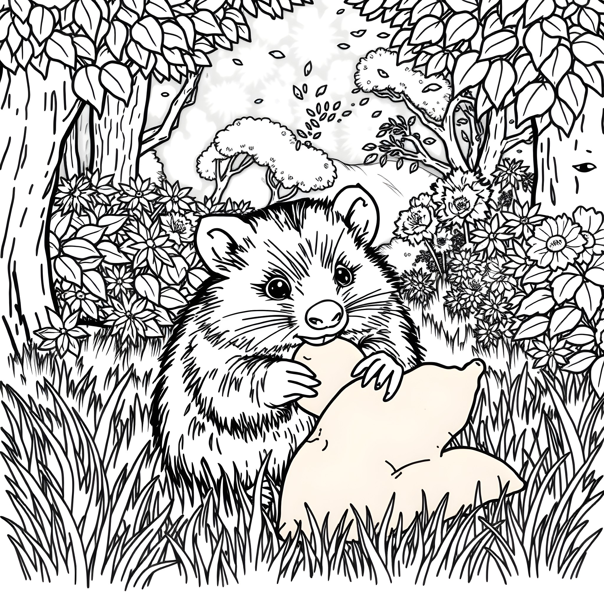 Wombat exploring a lush forest Coloring Page (free black-and-white line drawing printable PDF for all, from beginners to advanced learners, including children, teens, adults, and seniors)