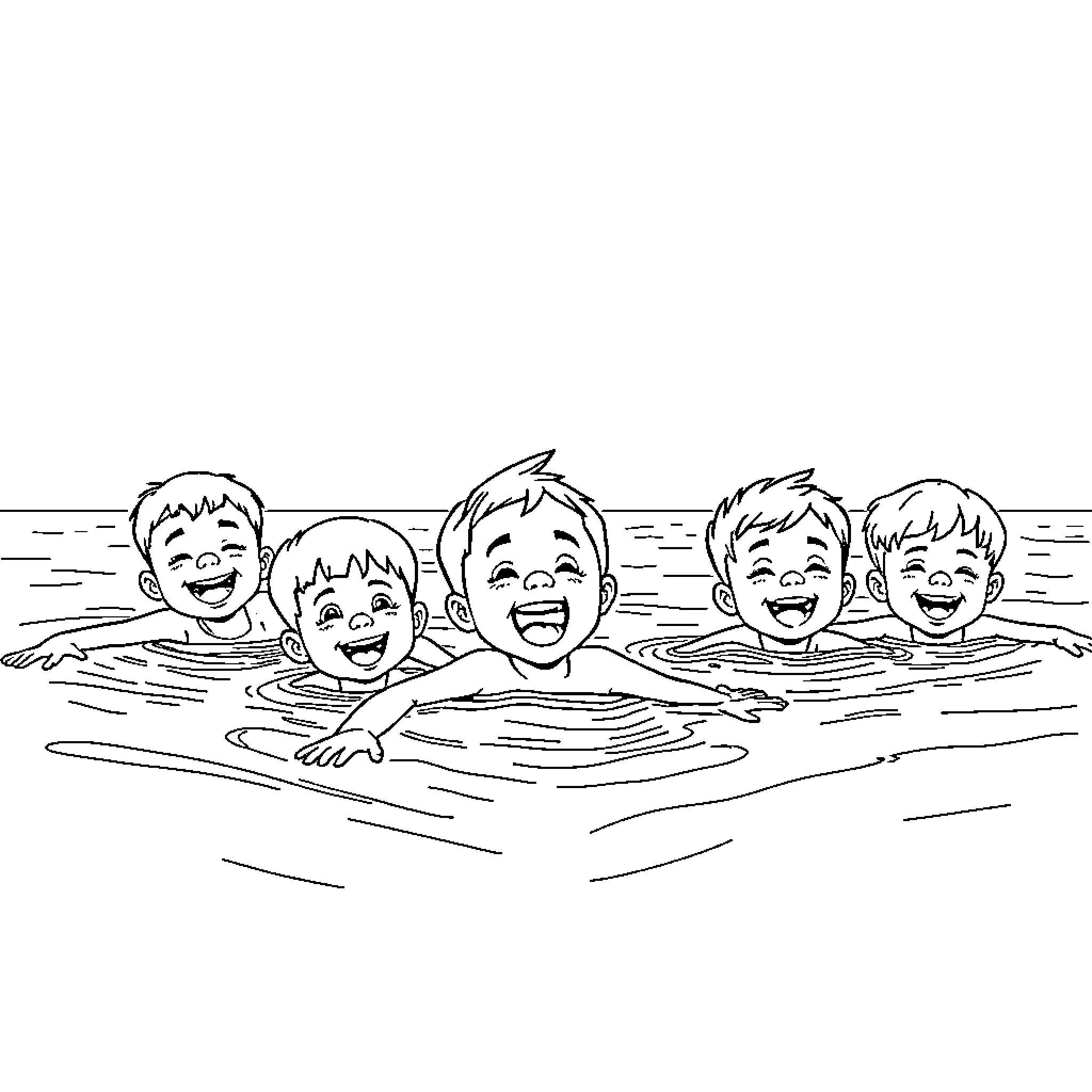 Children happily swimming and playing in the water Coloring Page (free black-and-white line drawing printable PDF for all, from beginners to advanced learners, including children, teens, adults, and seniors)