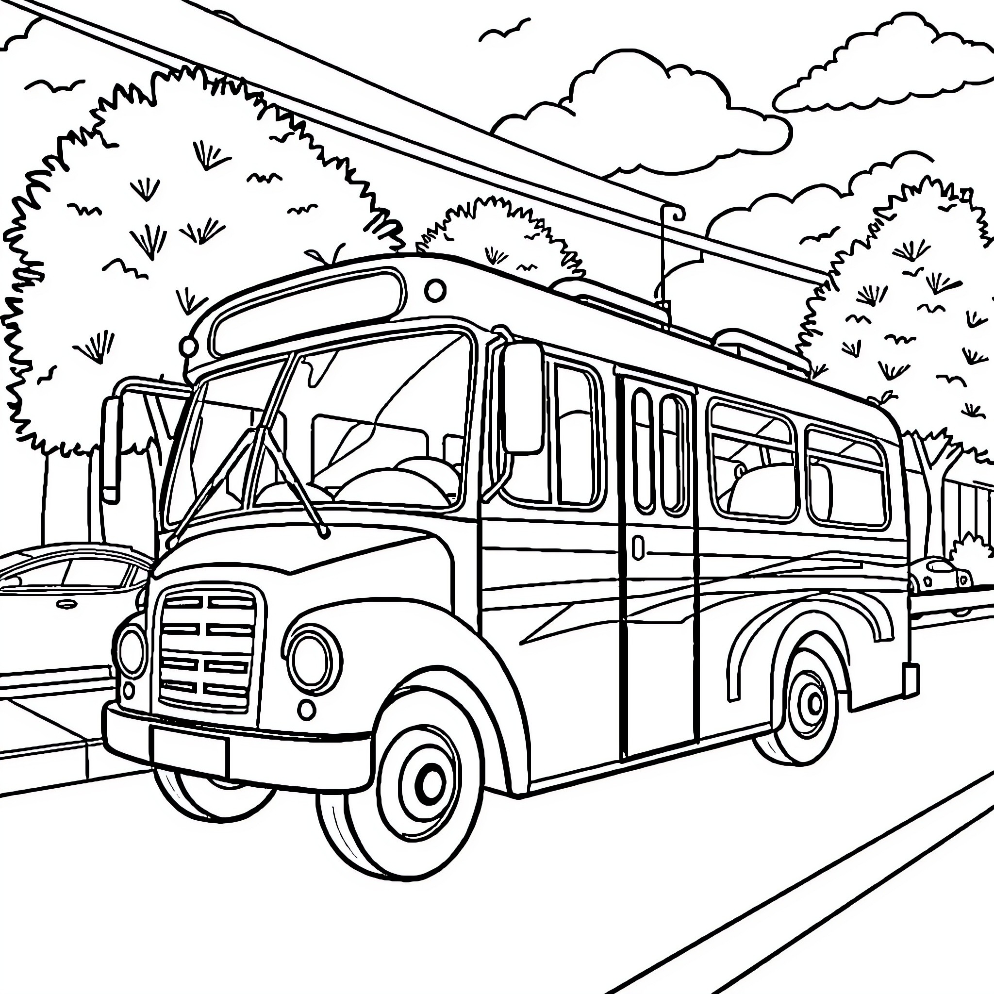 Bus traveling on a scenic countryside road Coloring Page (free black-and-white line drawing printable PDF for all, from beginners to advanced learners, including children, teens, adults, and seniors)