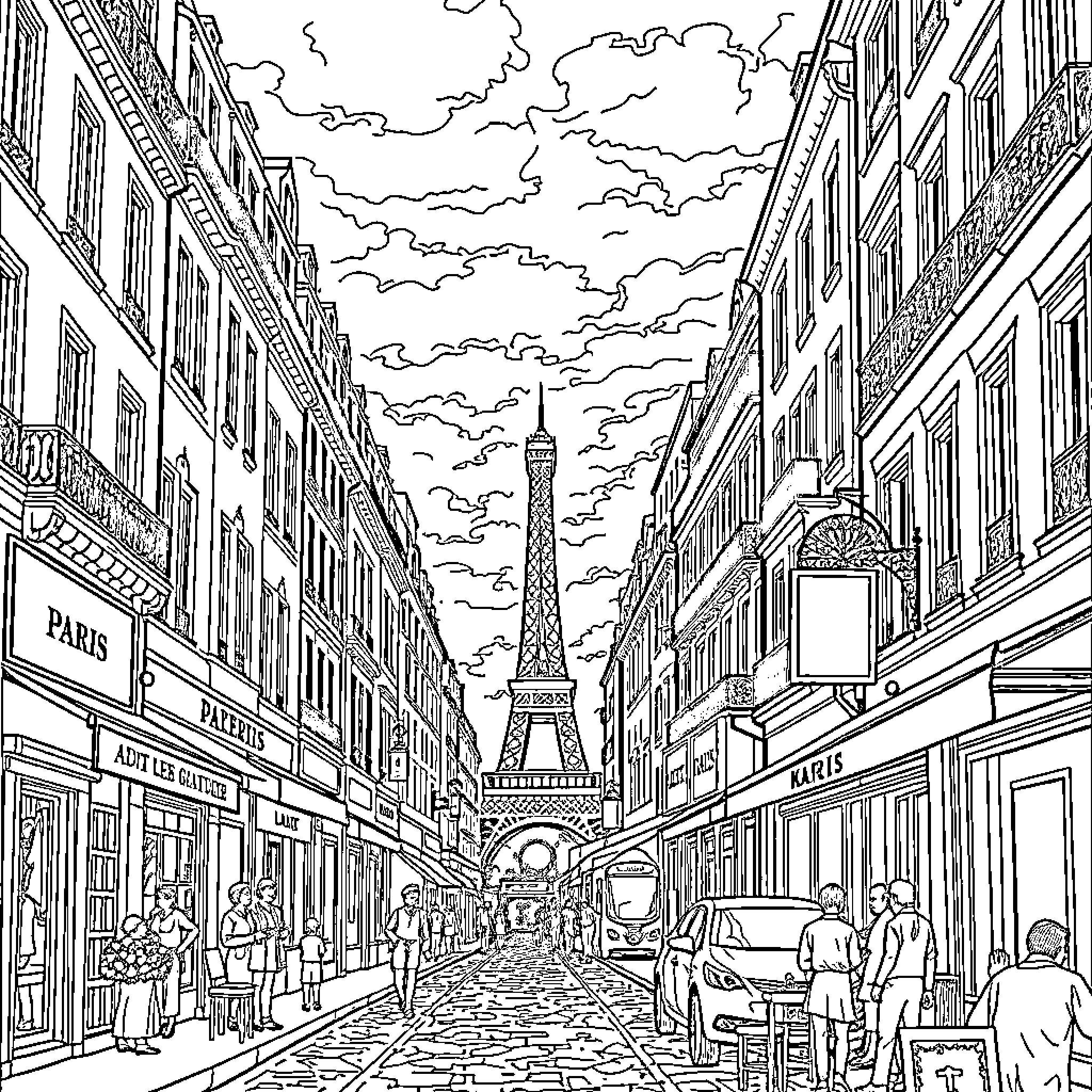 Sign of a Lively Parisian Street Scene Coloring Page (free black-and-white line drawing printable PDF for all, from beginners to advanced learners, including children, teens, adults, and seniors)