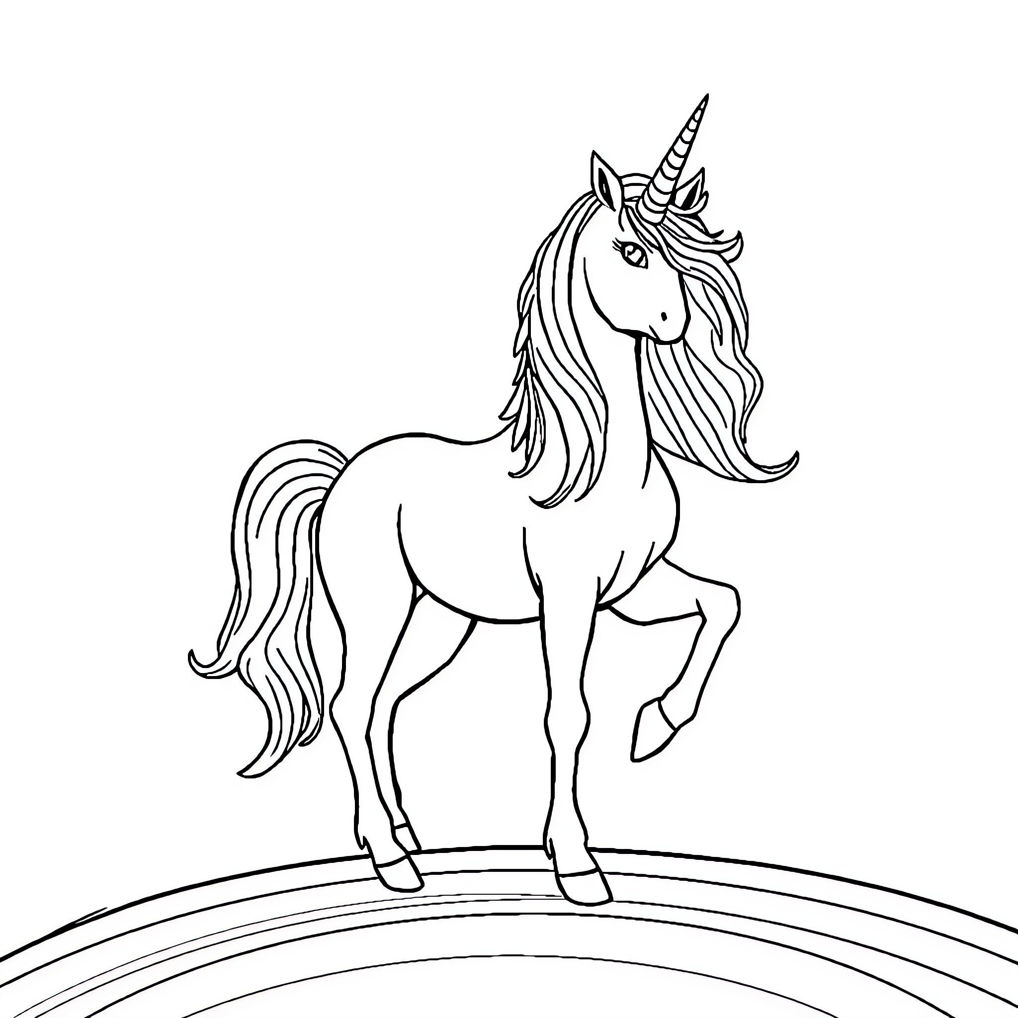 Unicorn standing on a rainbow Coloring Page (free black-and-white line drawing printable PDF for all, from beginners to advanced learners, including children, teens, adults, and seniors)