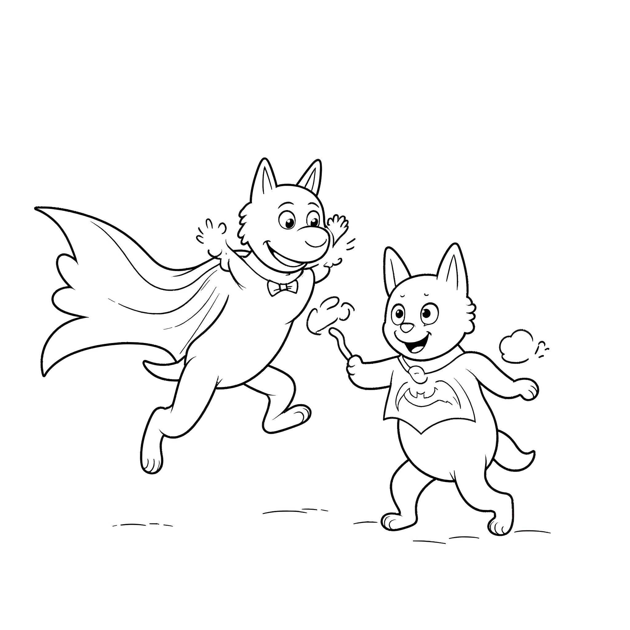 Dogs playing and running happily together Coloring Page (free black-and-white line drawing printable PDF for all, from beginners to advanced learners, including children, teens, adults, and seniors)