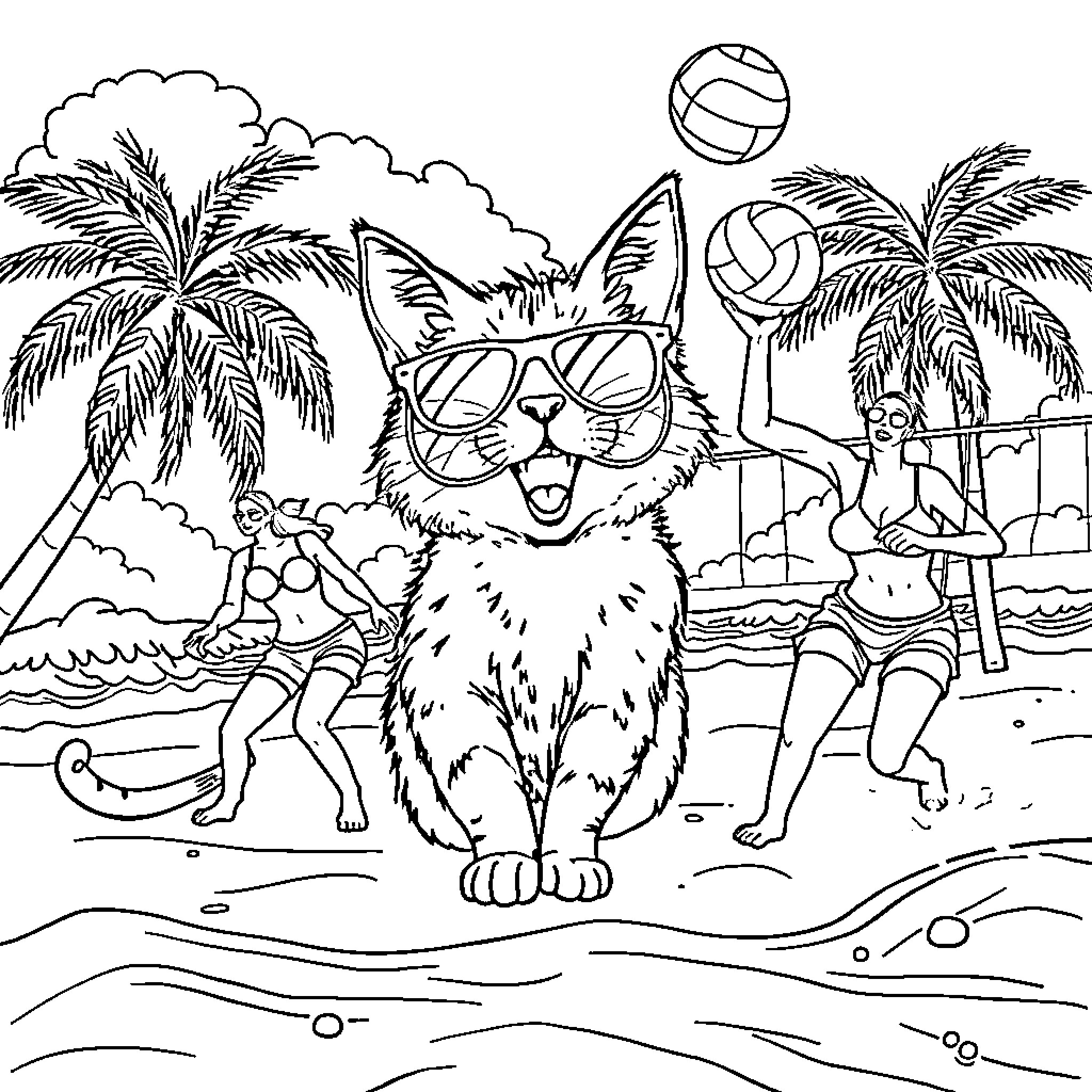 DJ Cat Rocking the Beach Party Coloring Page (free black-and-white line drawing printable PDF for all, from beginners to advanced learners, including children, teens, adults, and seniors)