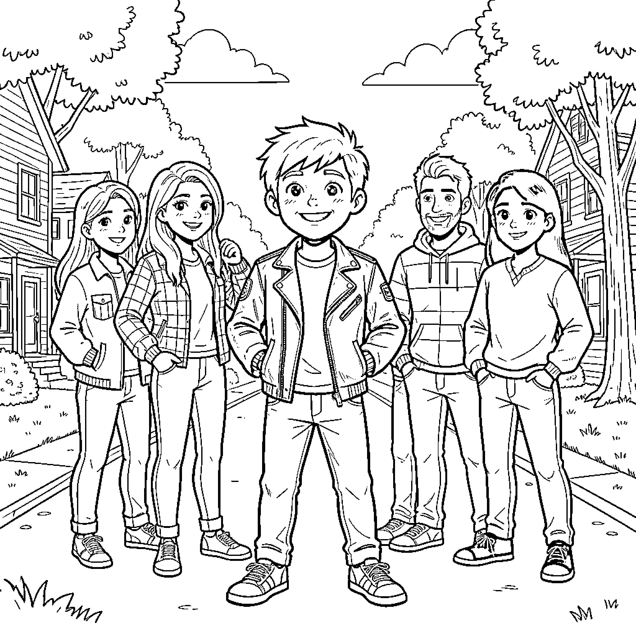 Steve and friends enjoying a day in the neighborhood Coloring Page (free black-and-white line drawing printable PDF for all, from beginners to advanced learners, including children, teens, adults, and seniors)