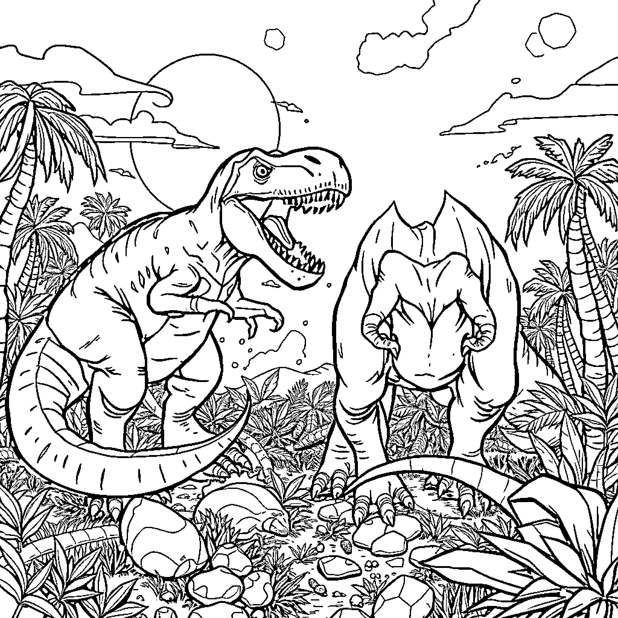 Dinosaurs roaming in prehistoric jungle landscape Coloring Page (free black-and-white line drawing printable PDF for all, from beginners to advanced learners, including children, teens, adults, and seniors)