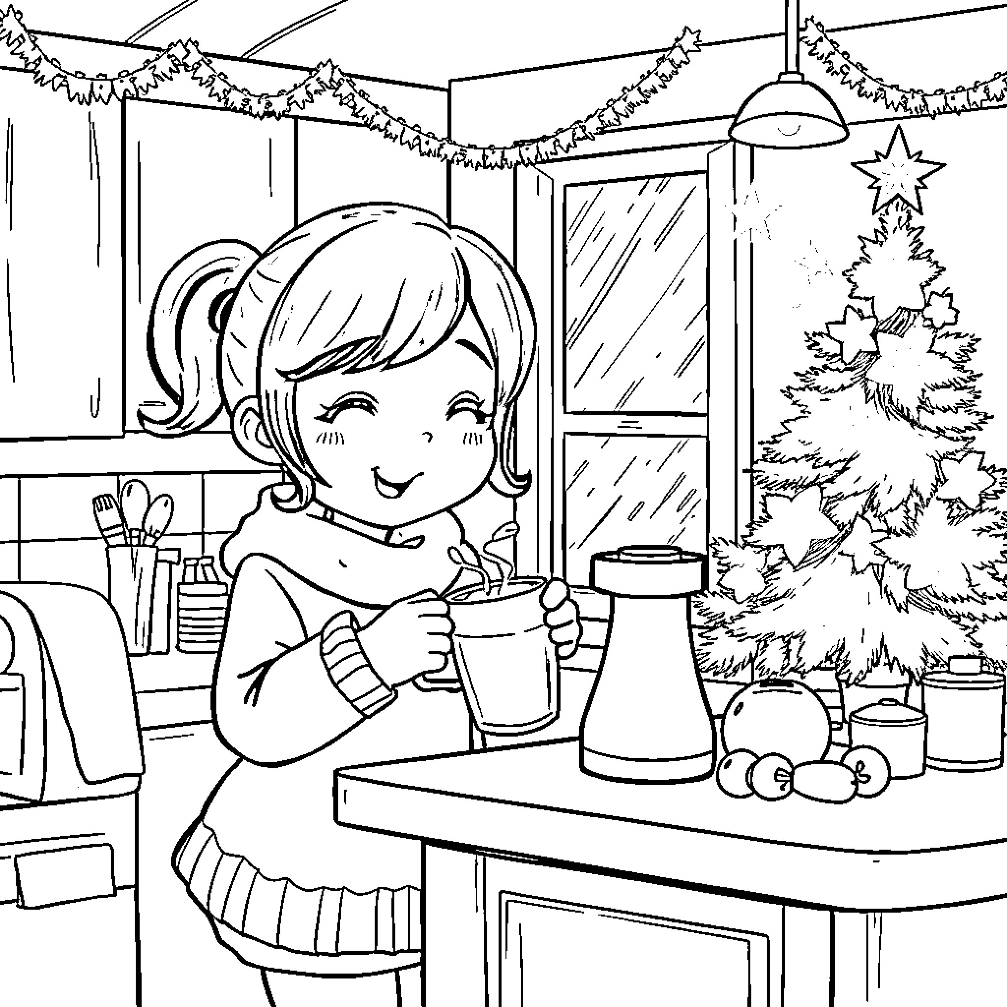 Kawa enjoying a cozy Christmas season at home Coloring Page (free black-and-white line drawing printable PDF for all, from beginners to advanced learners, including children, teens, adults, and seniors)