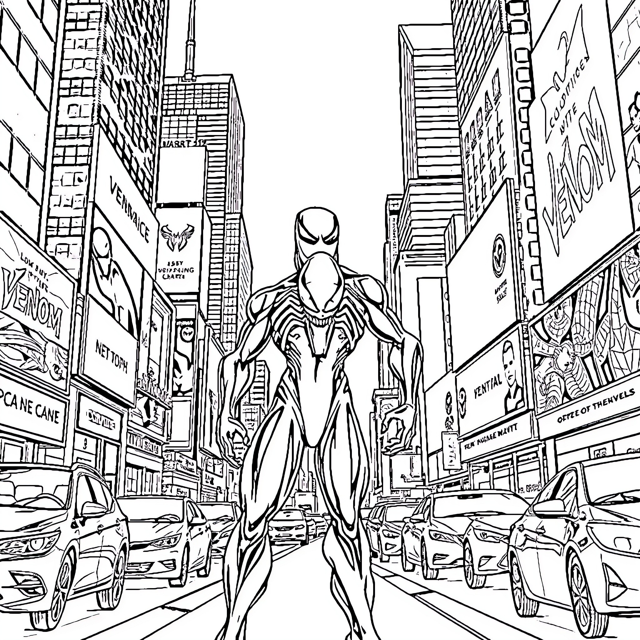 Venom Prowling through the Bustling City Streets Coloring Page (free black-and-white line drawing printable PDF for all, from beginners to advanced learners, including children, teens, adults, and seniors)