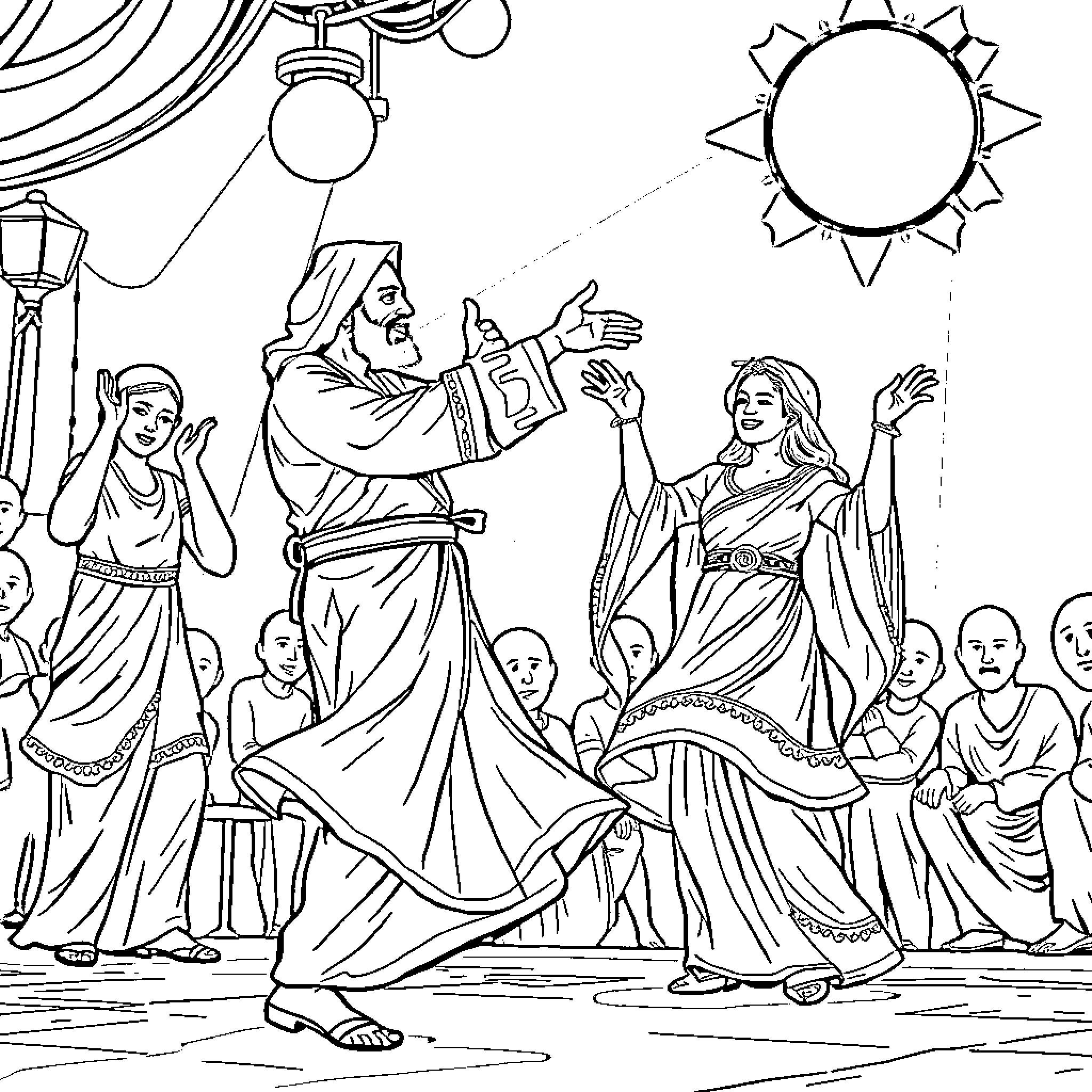 Rumi's spiritual teachings and devotional dance performance Coloring Page (free black-and-white line drawing printable PDF for all, from beginners to advanced learners, including children, teens, adults, and seniors)