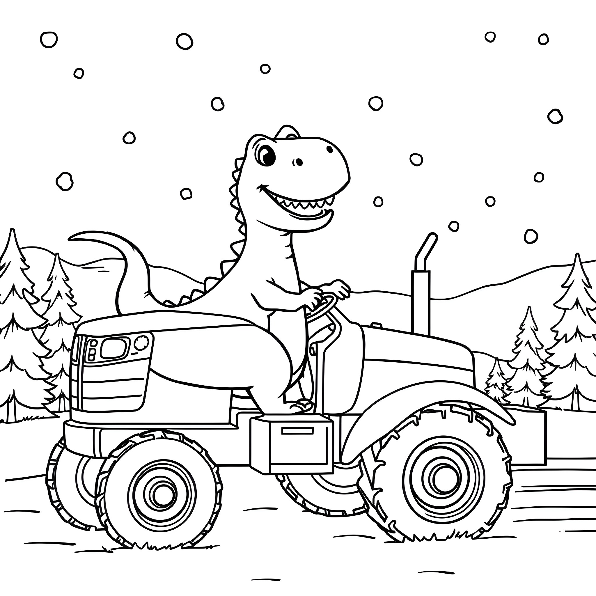 Dinosaur driving a tractor in the winter wonderland Coloring Page (free black-and-white line drawing printable PDF for all, from beginners to advanced learners, including children, teens, adults, and seniors)