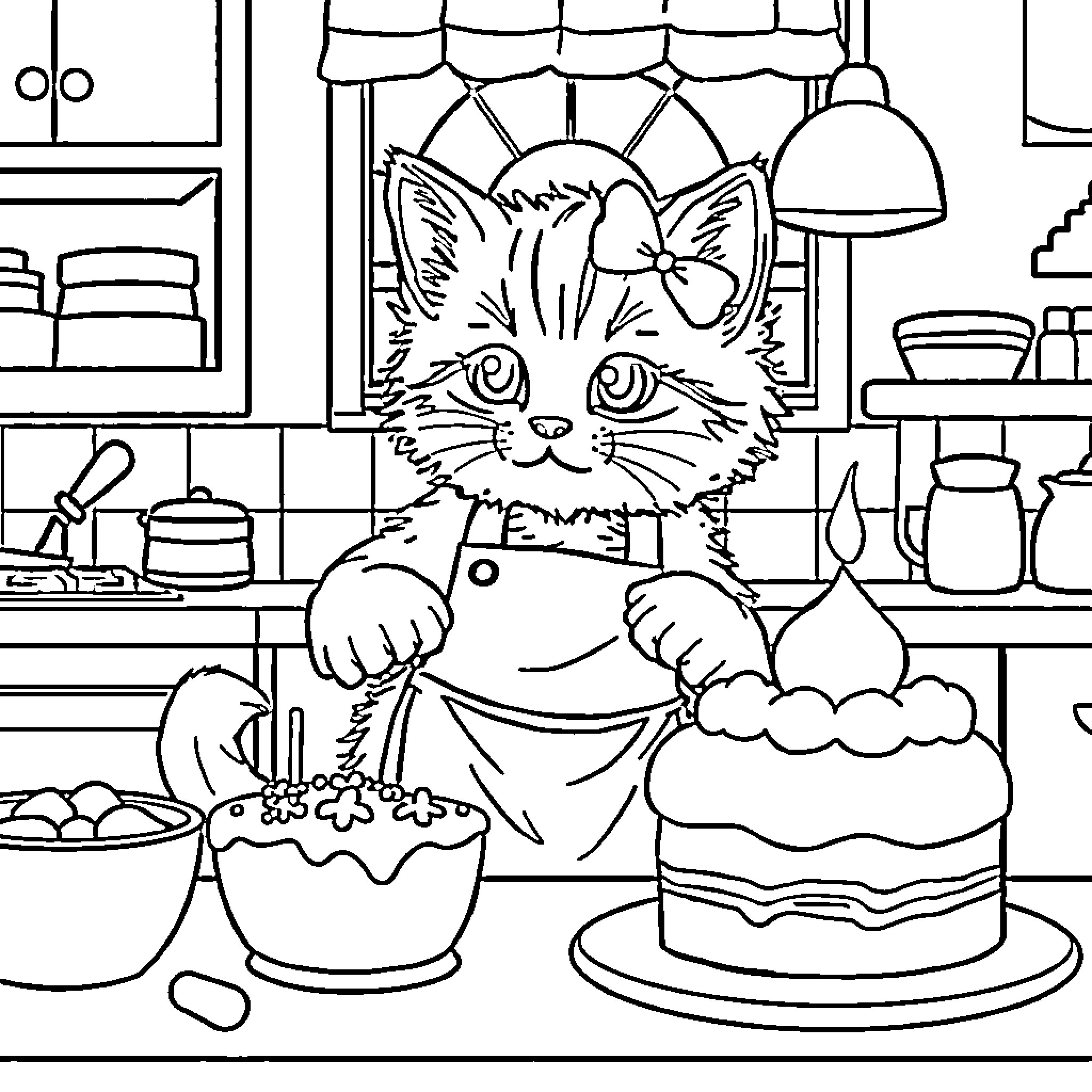 Kitten baking a cake in the kitchen Coloring Page (free black-and-white line drawing printable PDF for all, from beginners to advanced learners, including children, teens, adults, and seniors)