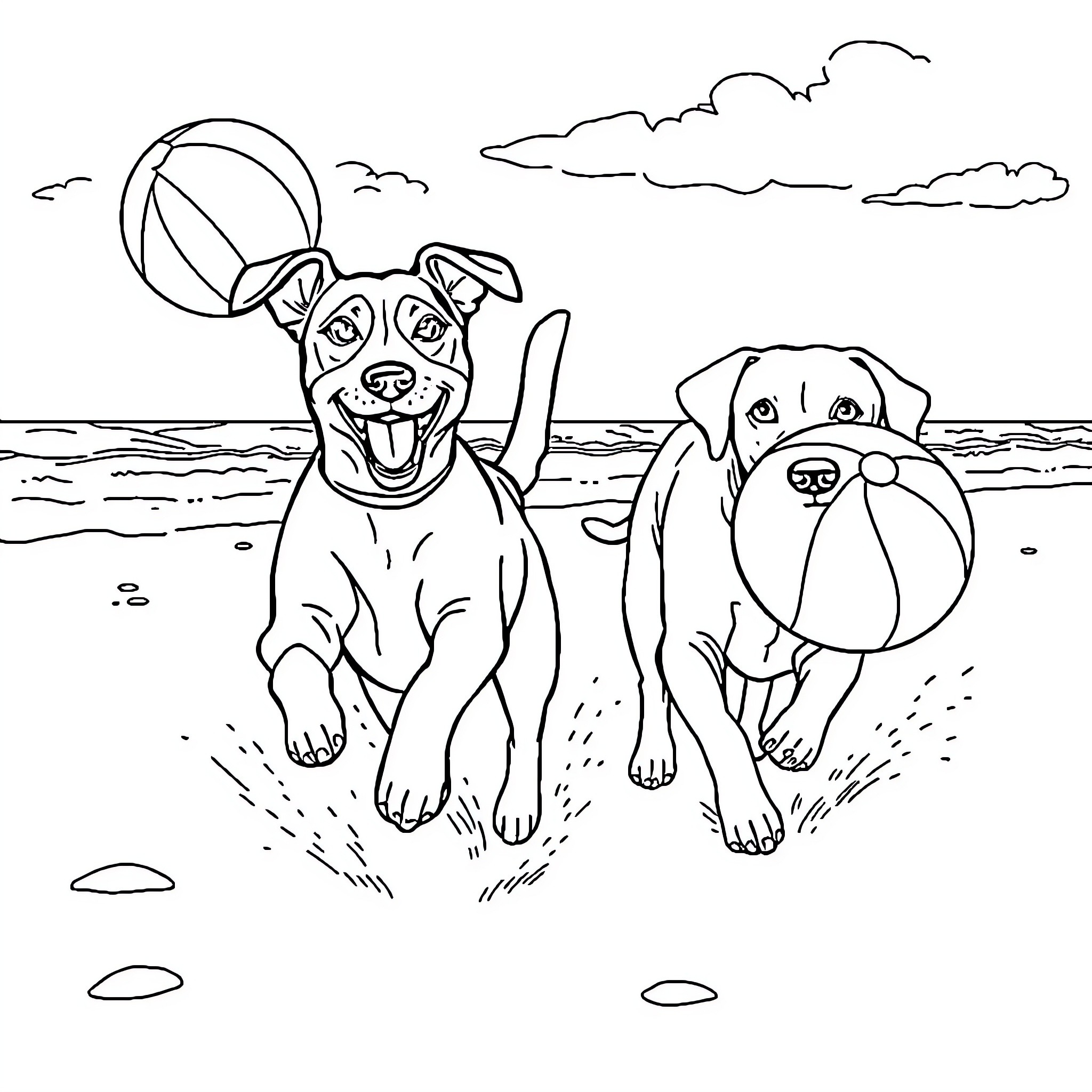 Dogs playing on the beach with a ball Coloring Page (free black-and-white line drawing printable PDF for all, from beginners to advanced learners, including children, teens, adults, and seniors)