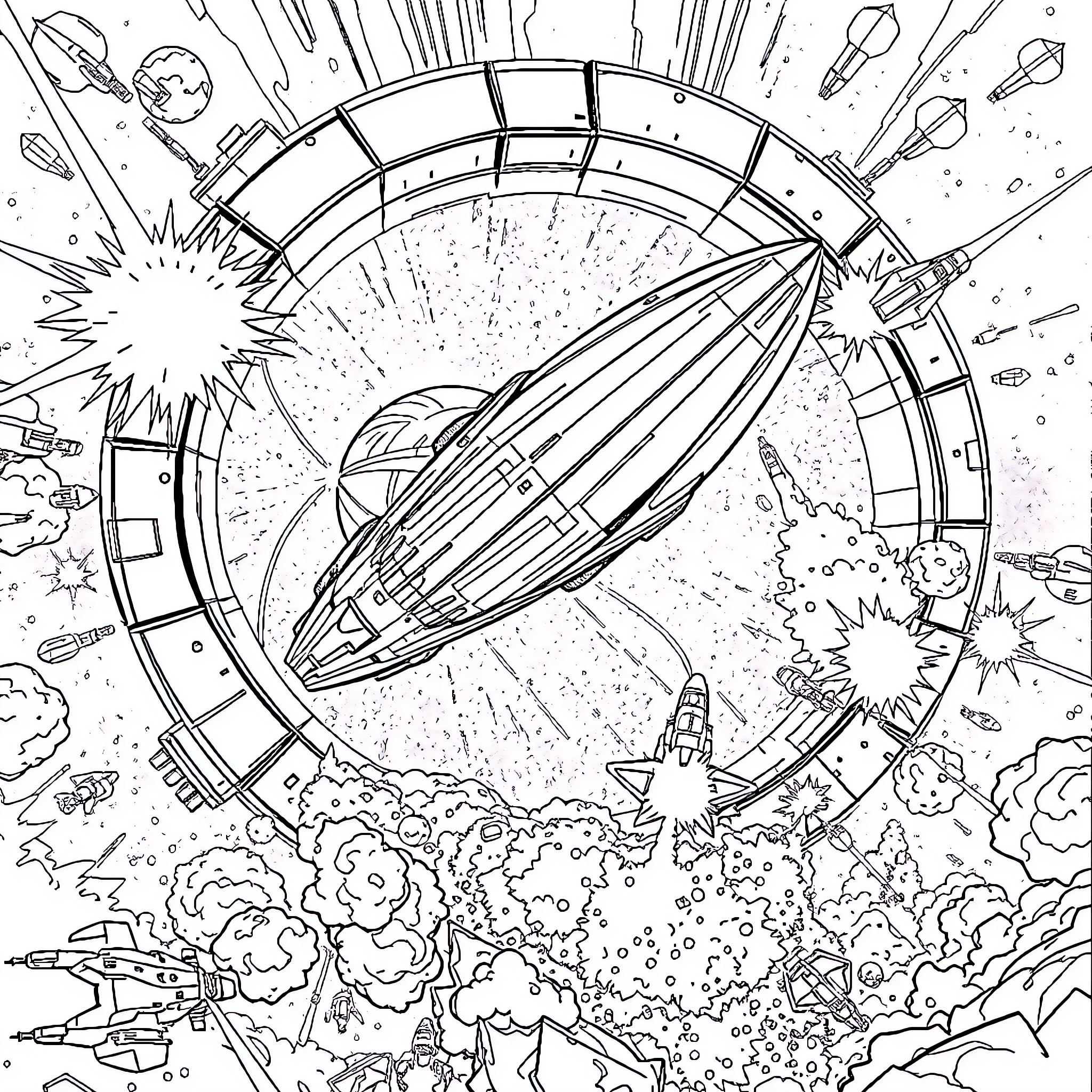 Spaceship zooming through cosmic landscape Coloring Page (free black-and-white line drawing printable PDF for all, from beginners to advanced learners, including children, teens, adults, and seniors)