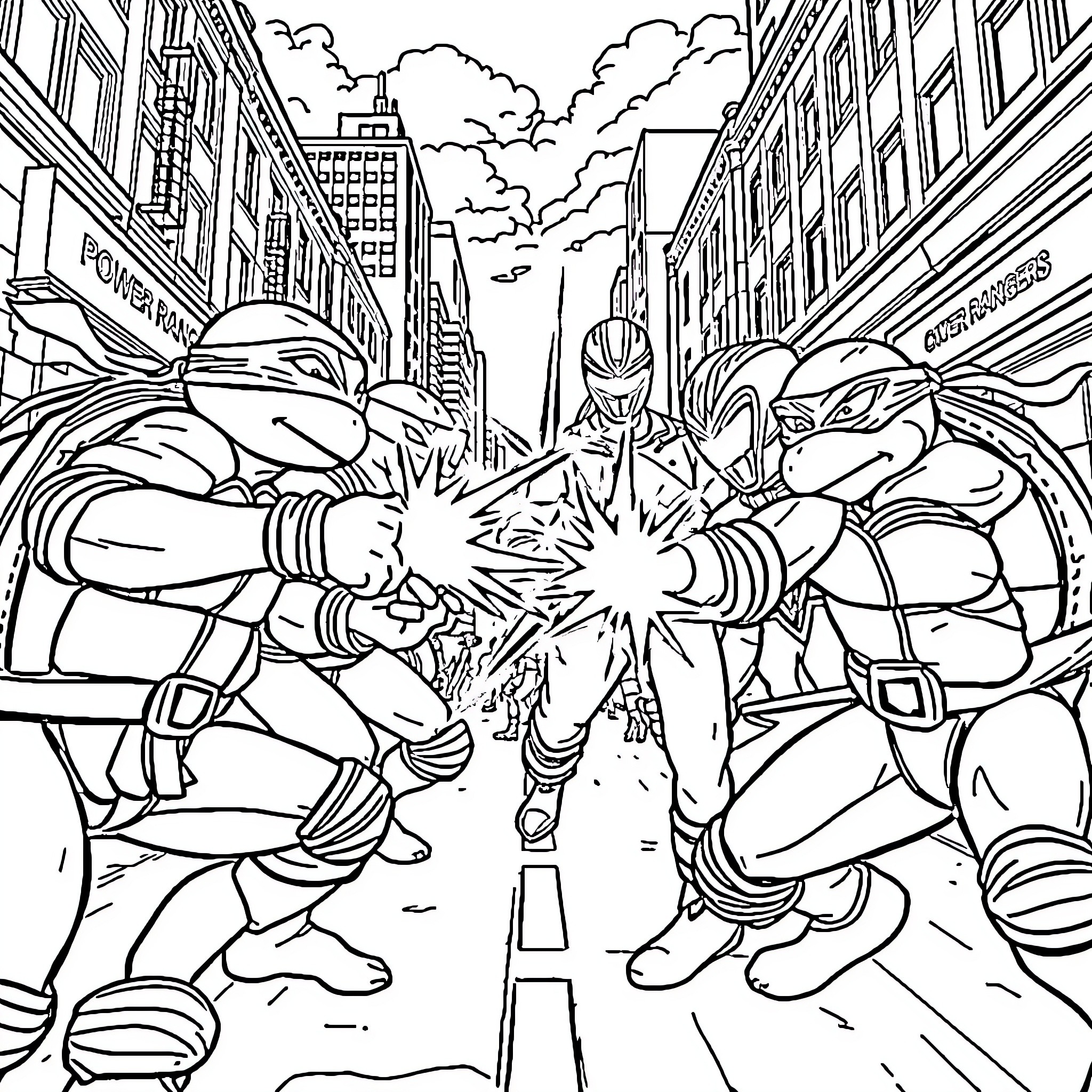 Ninja warriors clash in an epic urban battle Coloring Page (free black-and-white line drawing printable PDF for all, from beginners to advanced learners, including children, teens, adults, and seniors)