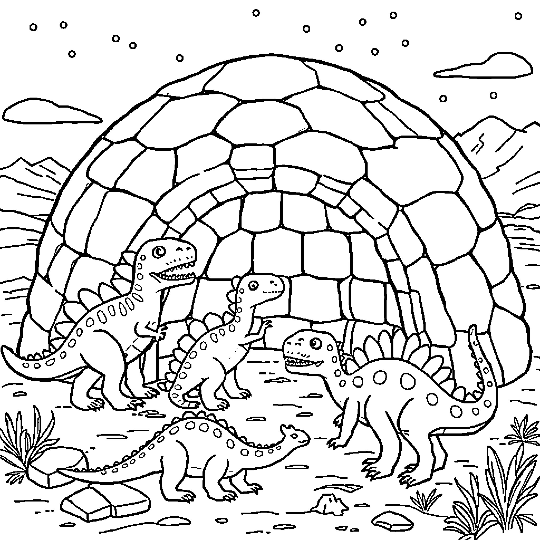Dinosaurs exploring the prehistoric landscape Coloring Page (free black-and-white line drawing printable PDF for all, from beginners to advanced learners, including children, teens, adults, and seniors)