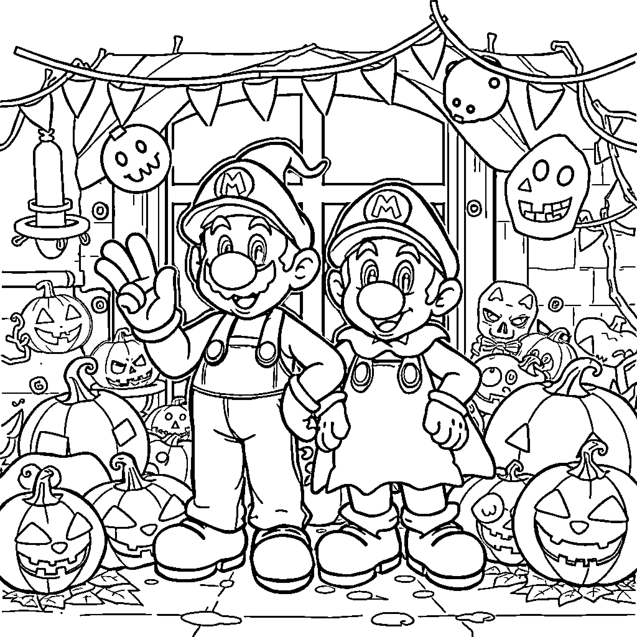 Mario and Luigi's Halloween Adventure Coloring Page (free black-and-white line drawing printable PDF for all, from beginners to advanced learners, including children, teens, adults, and seniors)