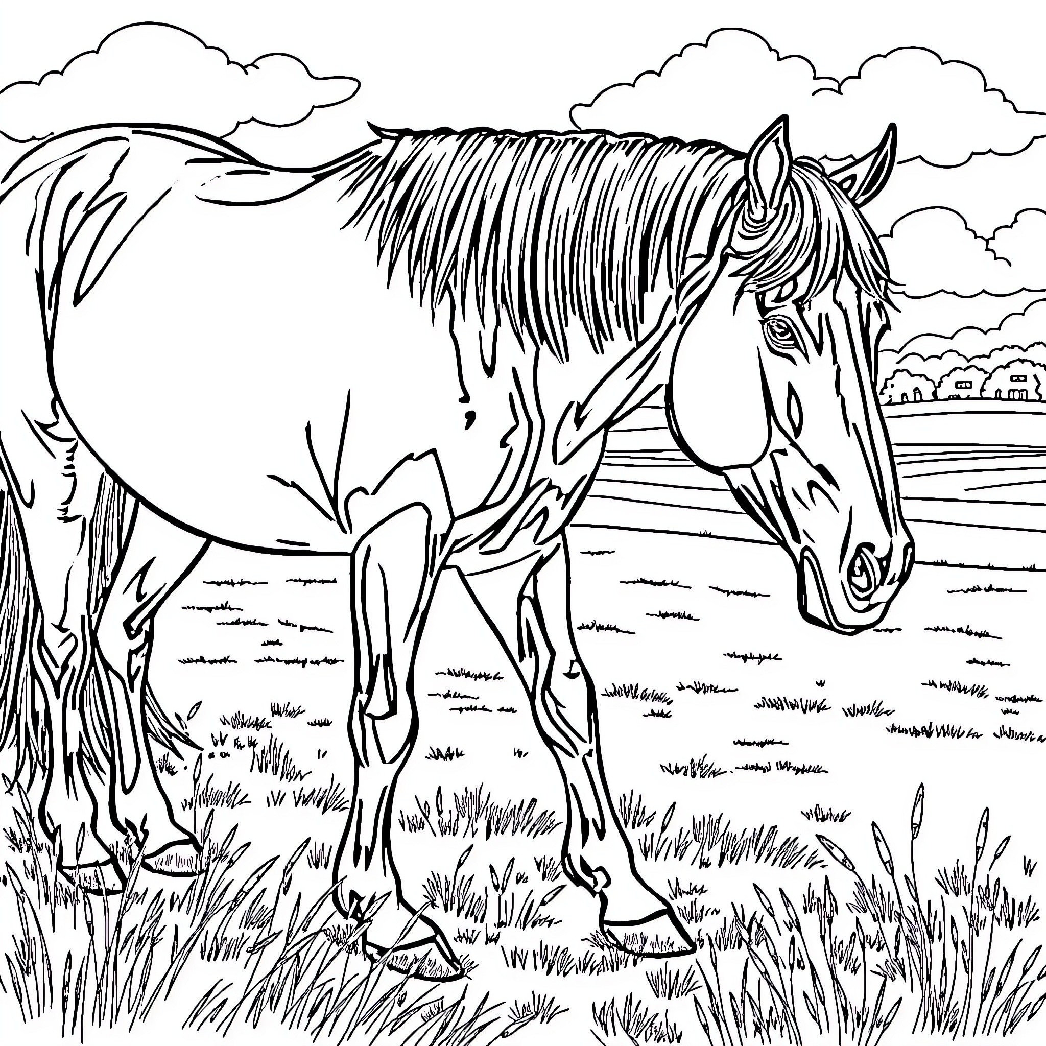 Percheron horse grazing in a pastoral landscape Coloring Page (free black-and-white line drawing printable PDF for all, from beginners to advanced learners, including children, teens, adults, and seniors)