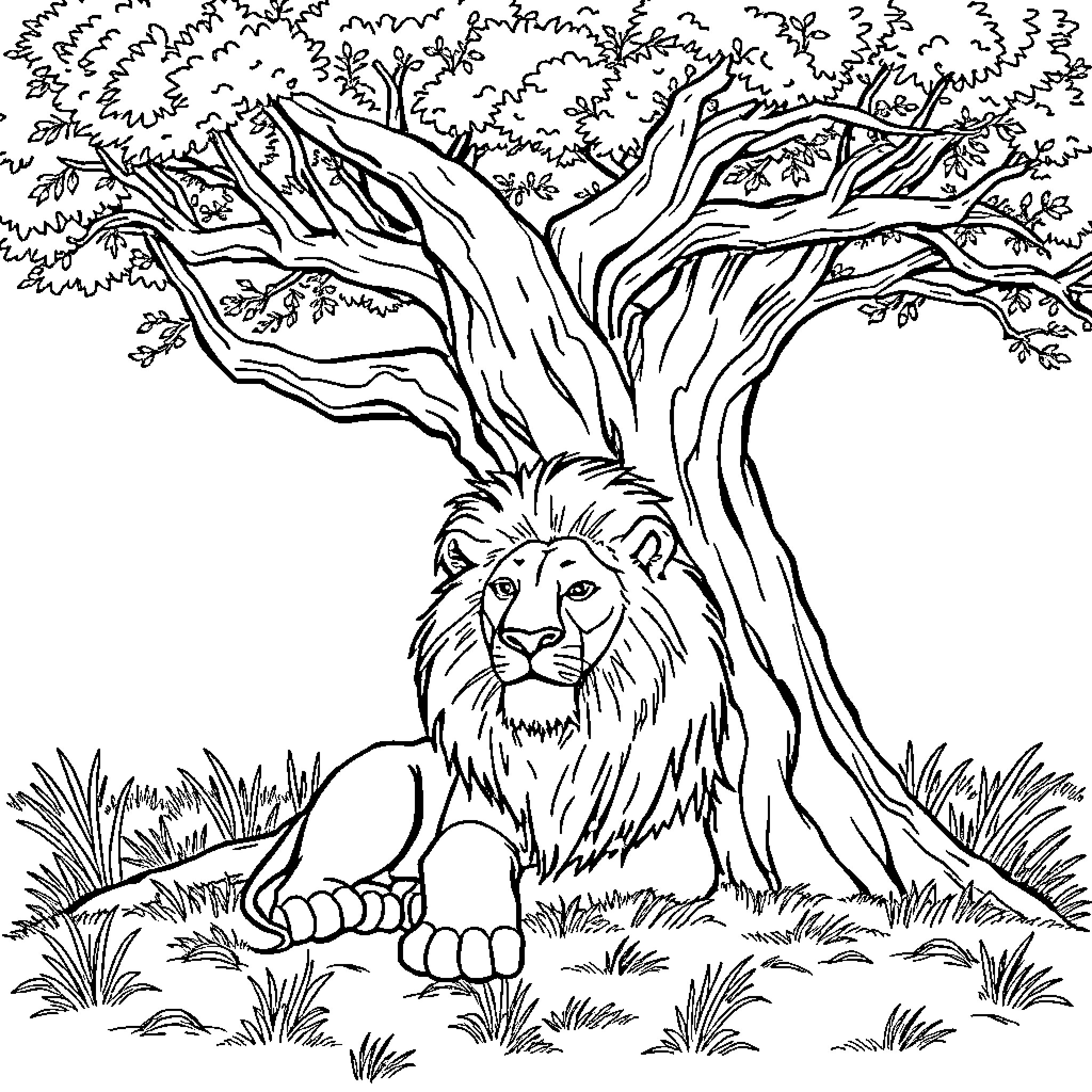 Lion resting under the majestic tree Coloring Page (free black-and-white line drawing printable PDF for all, from beginners to advanced learners, including children, teens, adults, and seniors)