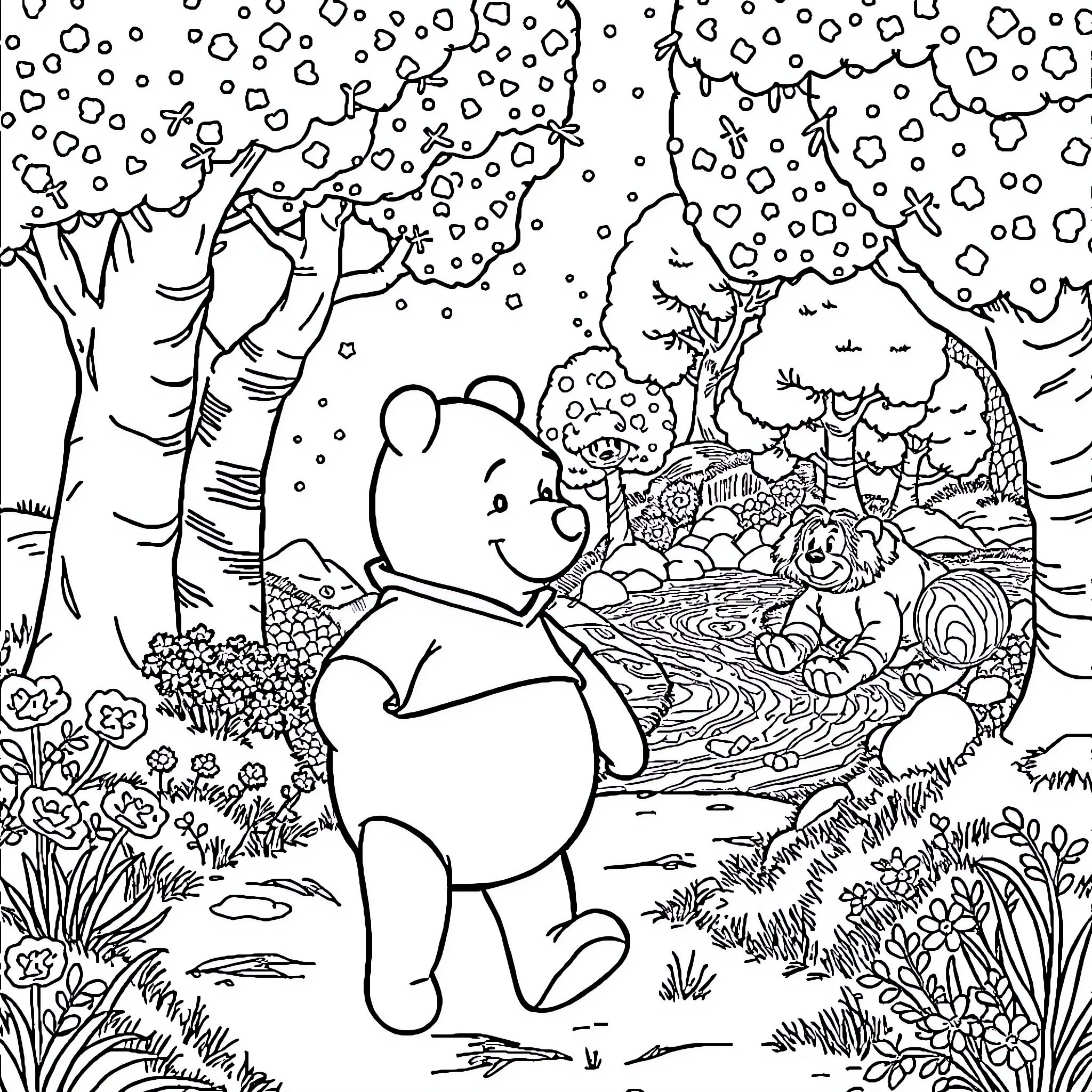 Winnie The Pooh enjoying a snowy forest scene Coloring Page (free black-and-white line drawing printable PDF for all, from beginners to advanced learners, including children, teens, adults, and seniors)