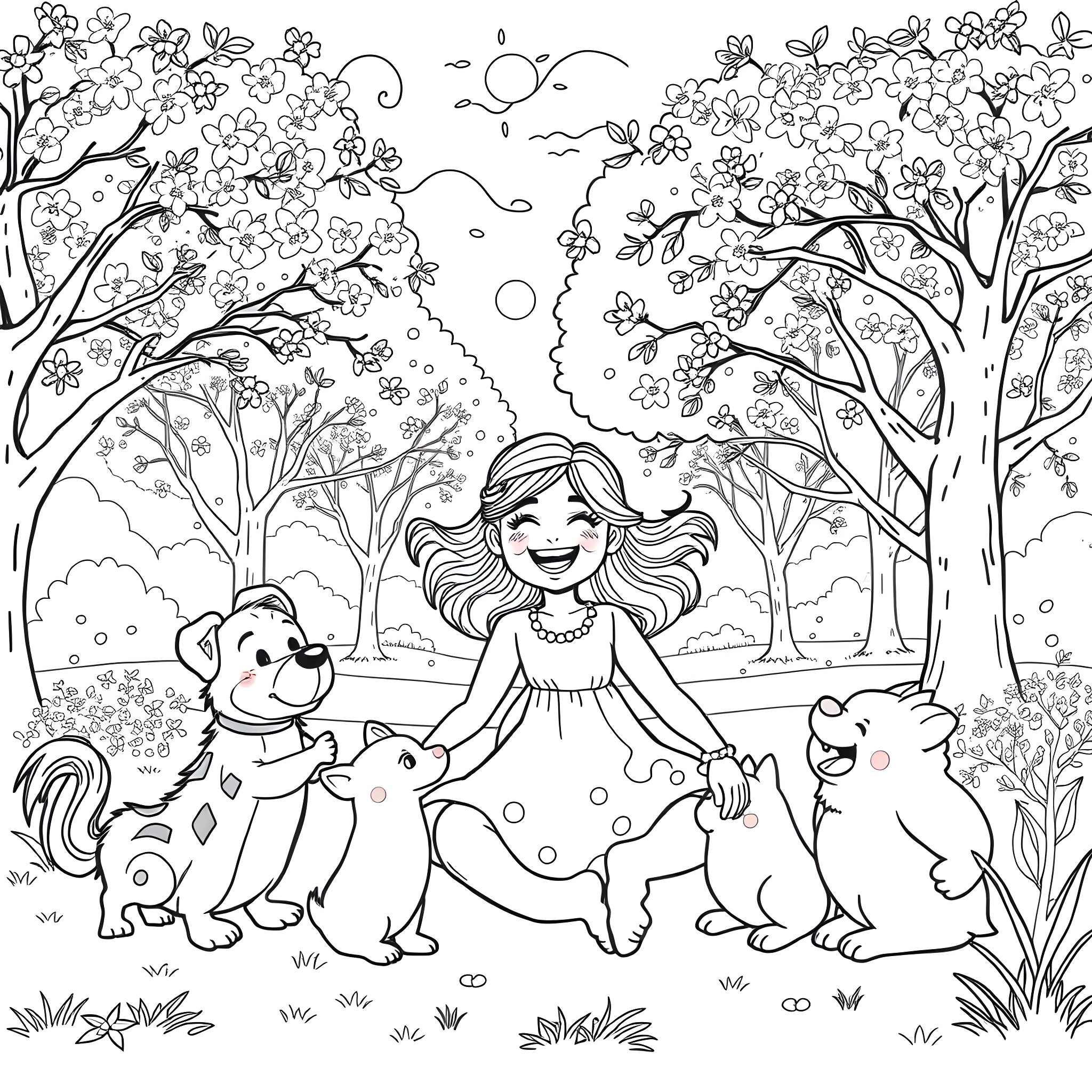 Halle Joy playing happily with her dogs in the blooming garden Coloring Page (free black-and-white line drawing printable PDF for all, from beginners to advanced learners, including children, teens, adults, and seniors)
