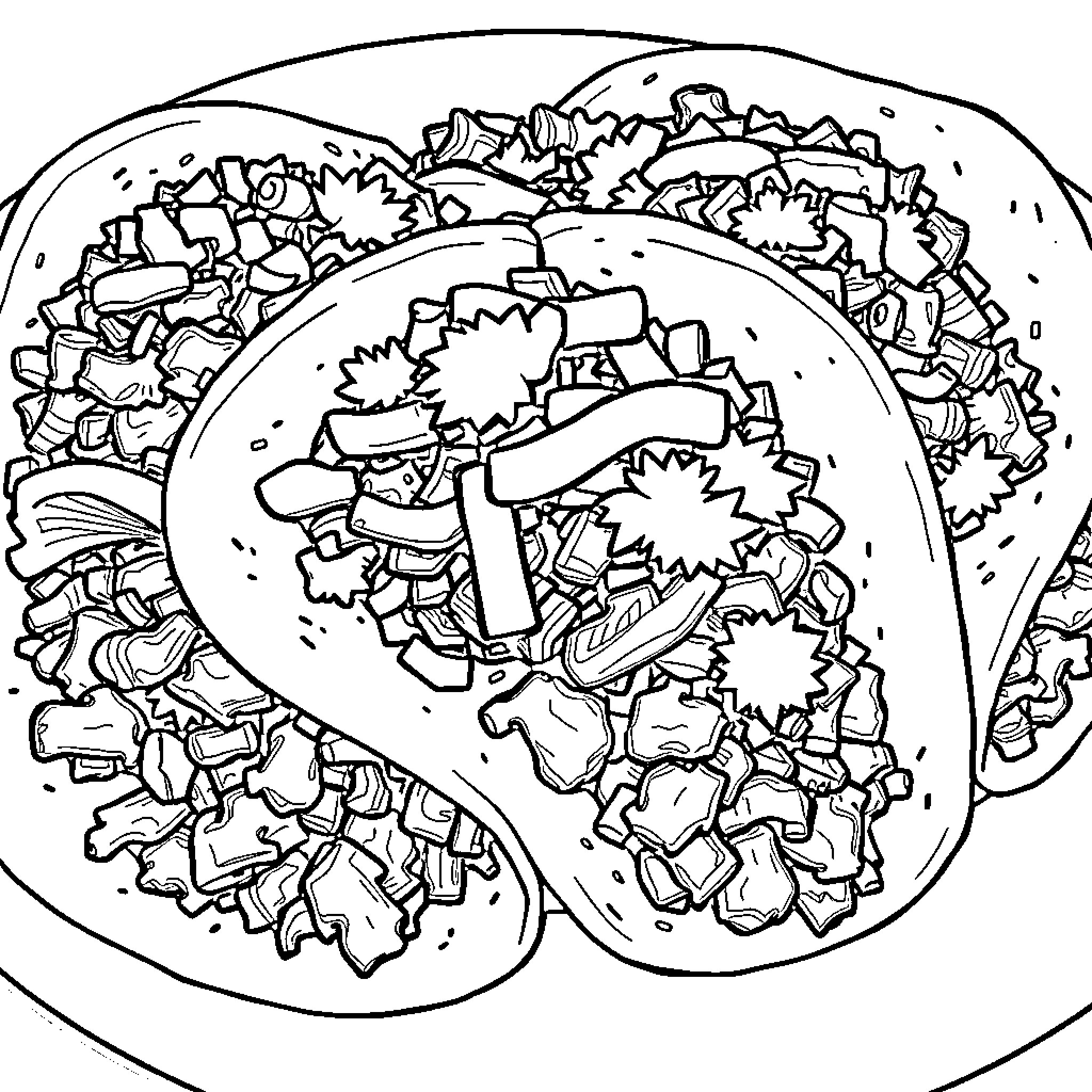 Taco with vibrant ingredients Coloring Page (free black-and-white line drawing printable PDF for all, from beginners to advanced learners, including children, teens, adults, and seniors)