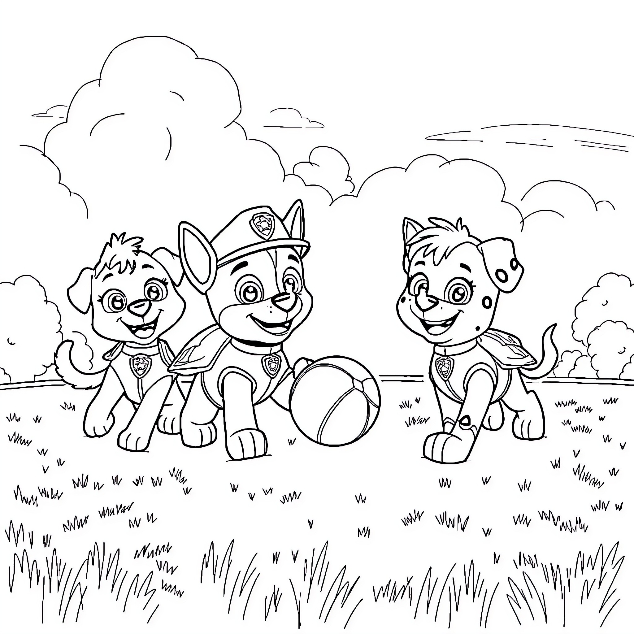 Paw Patrol characters playing outdoors Coloring Page (free black-and-white line drawing printable PDF for all, from beginners to advanced learners, including children, teens, adults, and seniors)