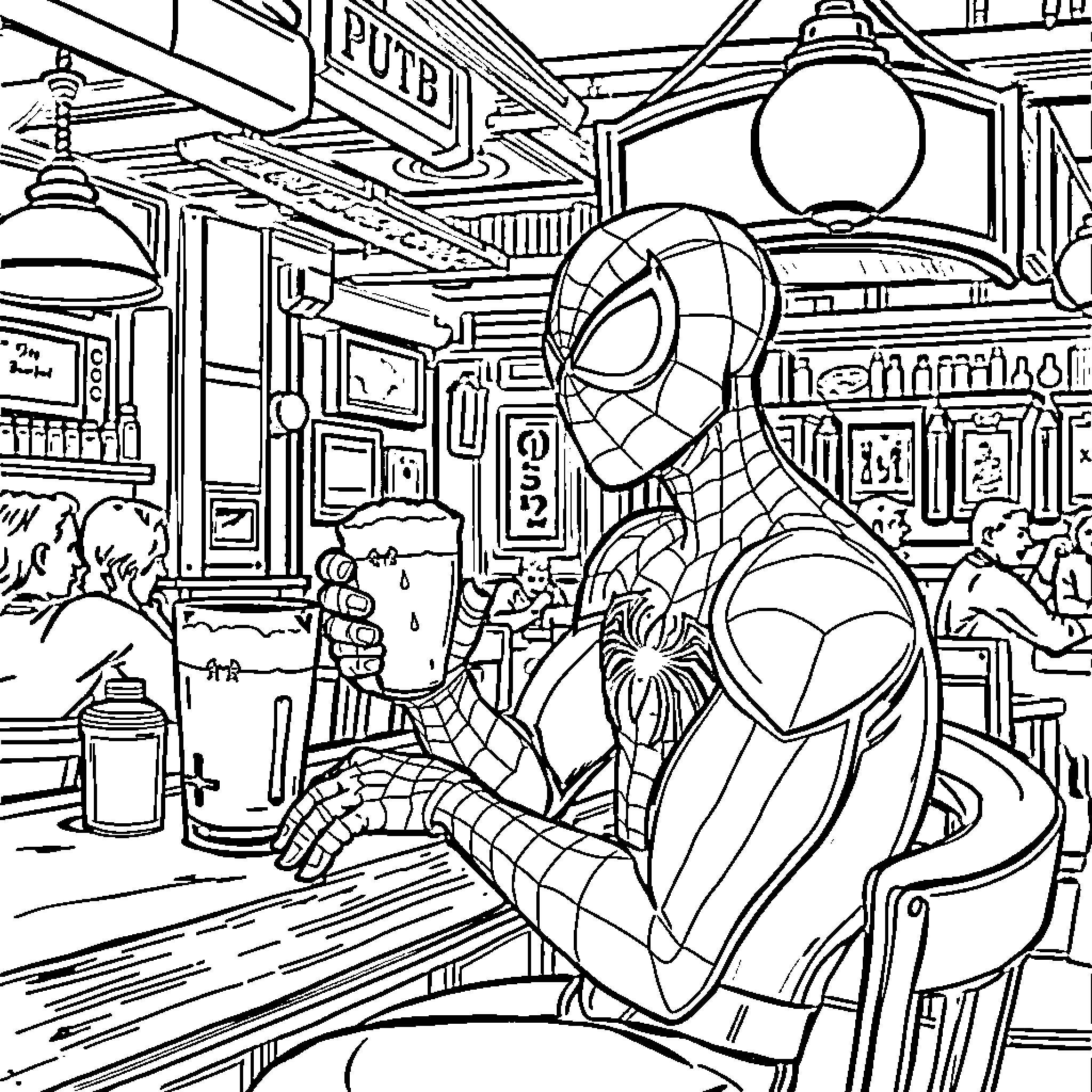 Spiderman in an urban setting, inspecting his webbing Coloring Page (free black-and-white line drawing printable PDF for all, from beginners to advanced learners, including children, teens, adults, and seniors)