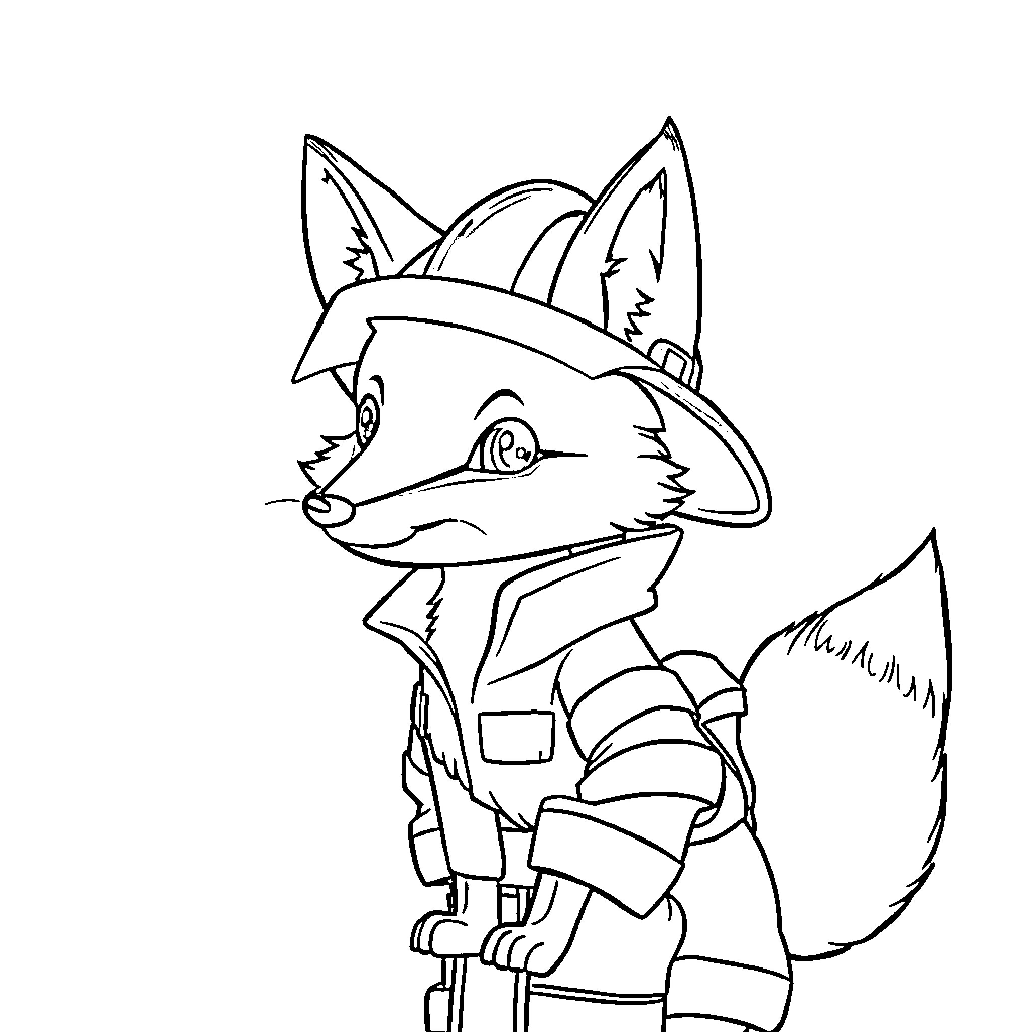 Fox in Adventurous Outfit with Backpack Coloring Page (free black-and-white line drawing printable PDF for all, from beginners to advanced learners, including children, teens, adults, and seniors)