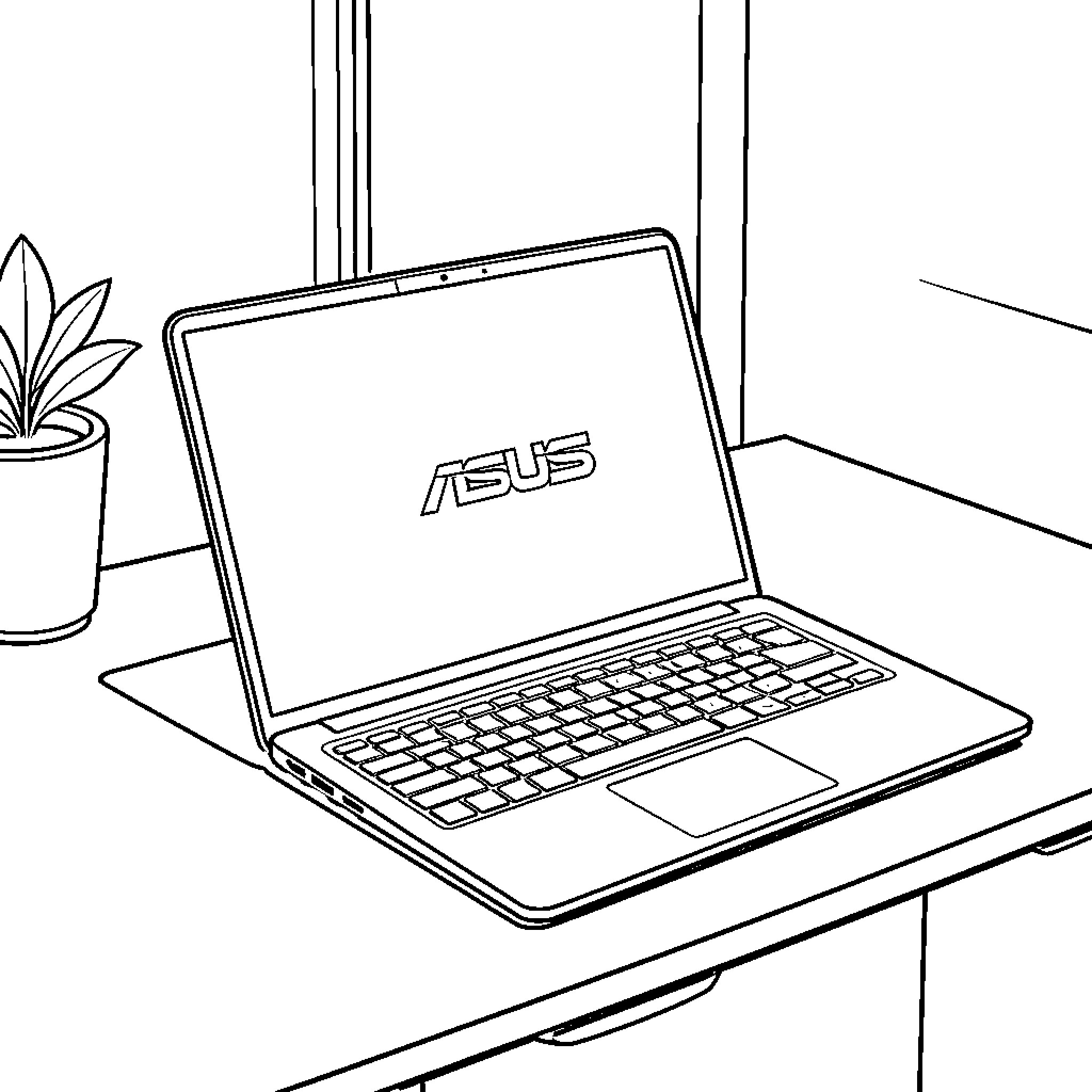 Asus laptop on modern desk Coloring Page (free black-and-white line drawing printable PDF for all, from beginners to advanced learners, including children, teens, adults, and seniors)