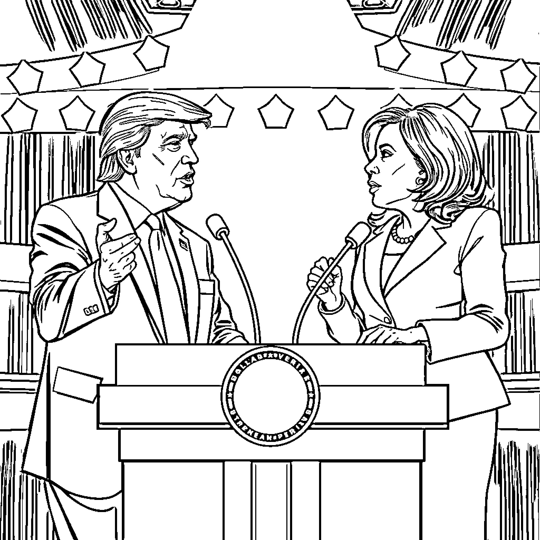 Donald Trump and Hillary Clinton at a political debate Coloring Page (free black-and-white line drawing printable PDF for all, from beginners to advanced learners, including children, teens, adults, and seniors)