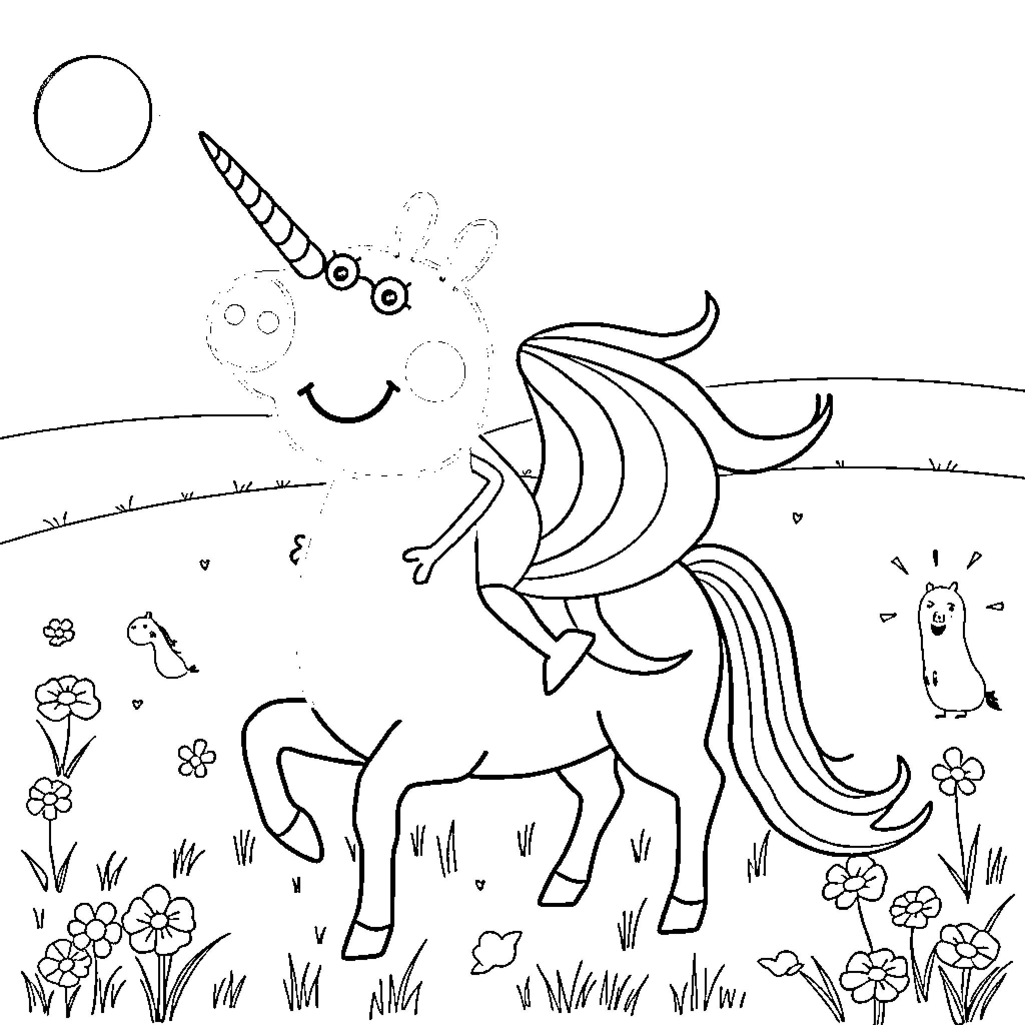 Peppa Pig's Magical Unicorn Adventure Coloring Page (free black-and-white line drawing printable PDF for all, from beginners to advanced learners, including children, teens, adults, and seniors)