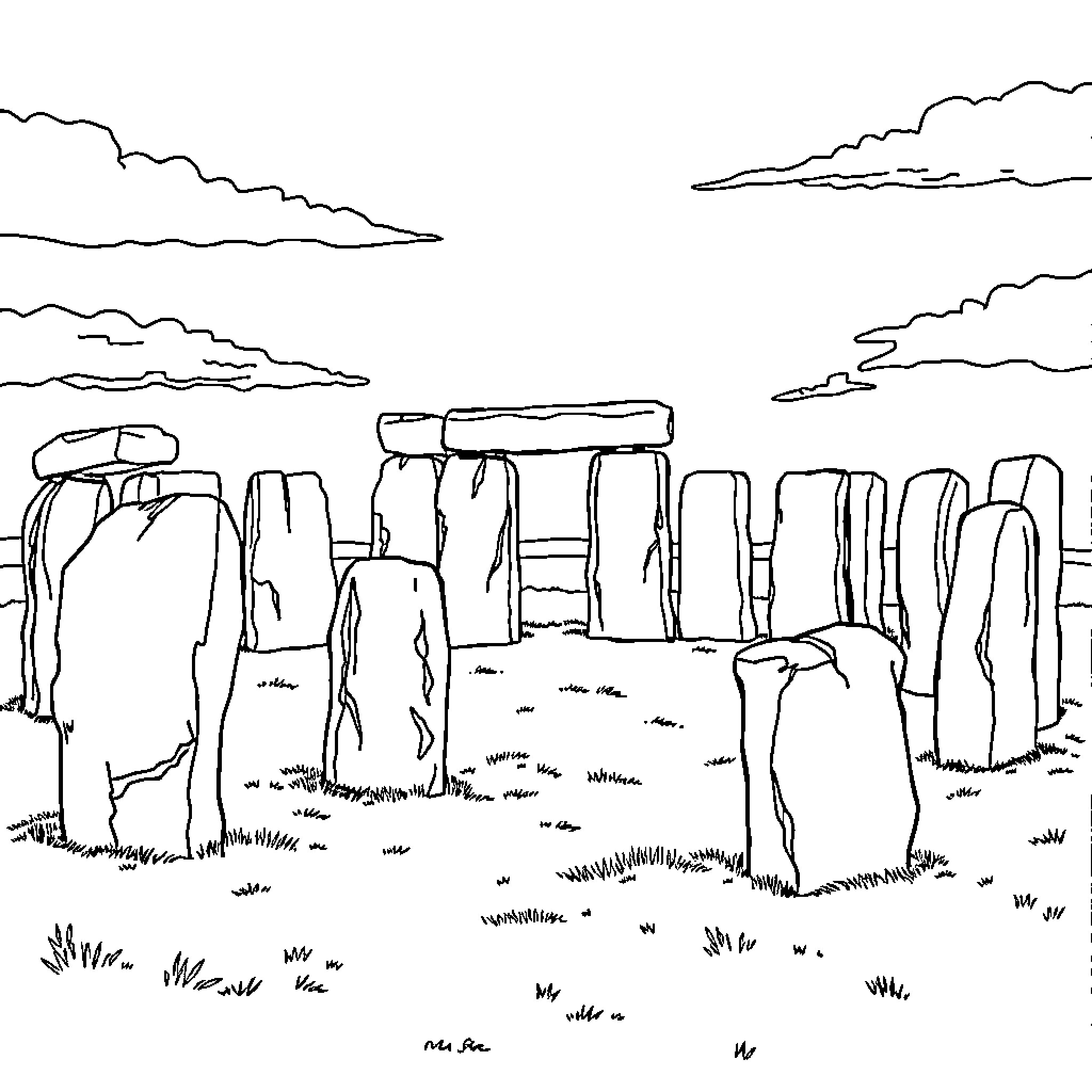 Stonehenge ancient monument in the countryside Coloring Page (free black-and-white line drawing printable PDF for all, from beginners to advanced learners, including children, teens, adults, and seniors)