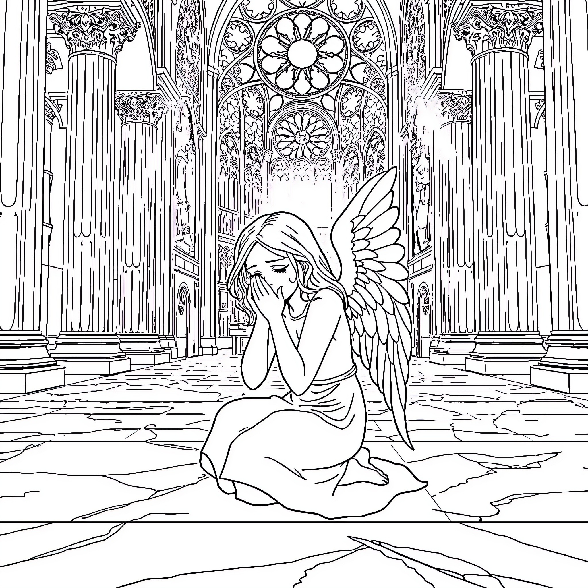 Angel Reflecting in Gothic Cathedral Coloring Page (free black-and-white line drawing printable PDF for all, from beginners to advanced learners, including children, teens, adults, and seniors)
